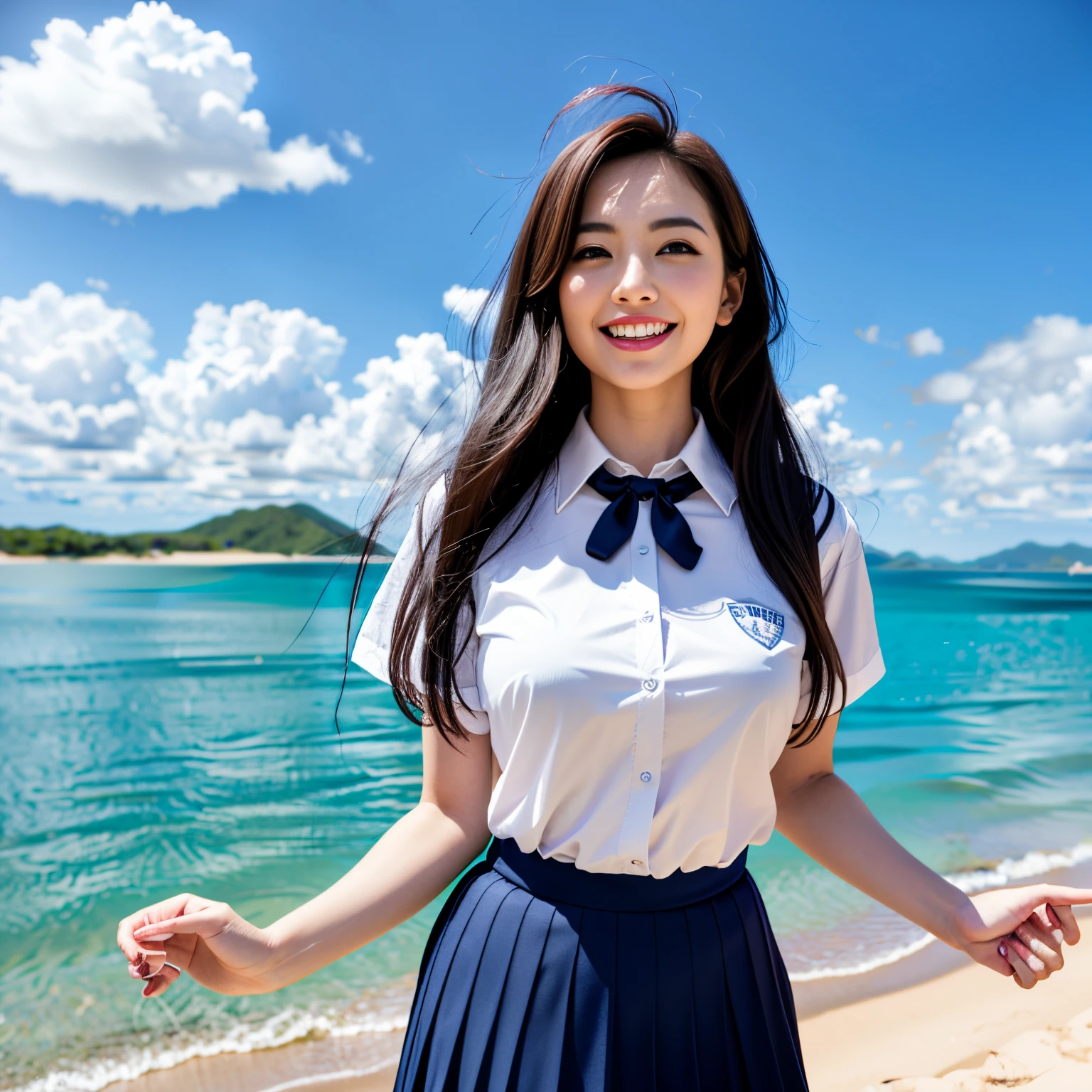 ((top-quality、masutepiece、8K、Top image quality、Highly complex and detailed depictions))、(1 photo:1.7)、(1 schoolgirl:1.5)、The biggest smile staring at the camera、Beautiful beach、(Red hibiscus hair ornament)、(Uniform white shirt、uniform navy pleated skirt)、large full breasts、Emphasize body lines、Glamorous body、Hair swaying in the wind、sand beach、beautiful ocean、Recreate the perfect details of a deserted island、Crystal clear and sparkling sea、Complex sea glow、Depicts beautiful sea details、Brightly lit face、Beautiful summer sky、beautiful thunderclouds、(Accurate uniform:1.3)、(accurate anatomy:1.3)、(cowboy  shot:1.3)