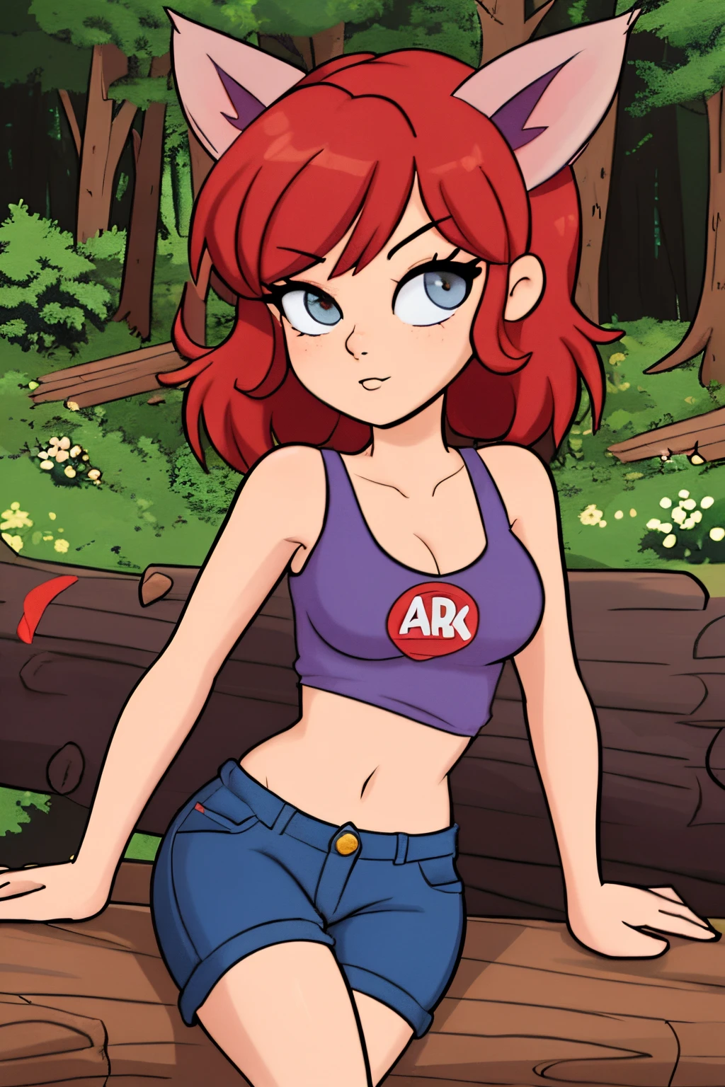 close up 1girl in, ager, Solo, vibrant red hair, straight red hair, short red hair, light gray eyes, some small freckles, pale skin, medium breasts, cleavage, runners body, (thin hips, thin waist: 1.25), (arched back:1.12), detailed skin, neutral face, pouting, revealing clothes, (wearing cropped tank top, blue jean shorts ripped, hair clip: 1.1), looking at viewer, (action shot hand over breasts touching:1.27), (sitting down on log: 1.22), (dark fox ears:1.25), (detailed magical forest background:1.1), creek, overlooking opening in forest, relaxing, 4k textures, soft light, elegant, highly detailed, sharp focus, soothing tones, insane details, intricate details, hyperdetailed, low contrast, exposure blend, hdr, faded