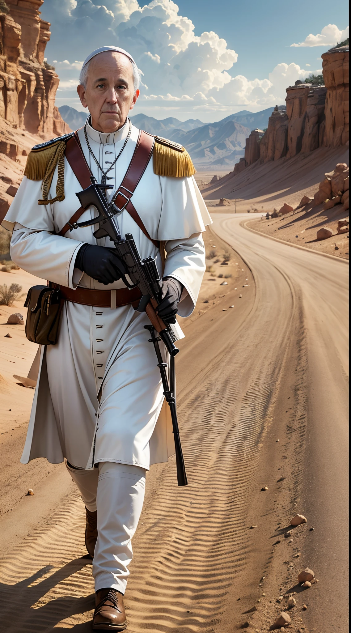 imagine Pope Francis in a soldier's uniform, realistic style with rifle in his hand walking in the desert, 4k --auto --s2
