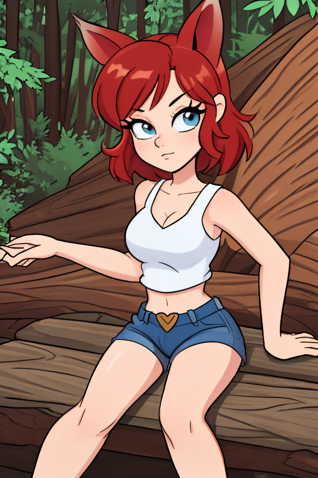 close up 1girl in, ager, Solo, vibrant red hair, straight red hair, short red hair, light gray eyes, some small freckles, pale skin, medium breasts, cleavage, runners body, (thin hips, thin waist: 1.25), (arched back:1.12), detailed skin, neutral face, pouting, revealing clothes, (wearing cropped tank top, blue jean shorts ripped, hair clip: 1.1), looking at viewer, (action shot hand over breasts touching:1.27), (sitting down on log: 1.22), (dark fox ears:1.25), (detailed magical forest background:1.1), creek, overlooking opening in forest, relaxing, 4k textures, soft light, elegant, highly detailed, sharp focus, soothing tones, insane details, intricate details, hyperdetailed, low contrast, exposure blend, hdr, faded
