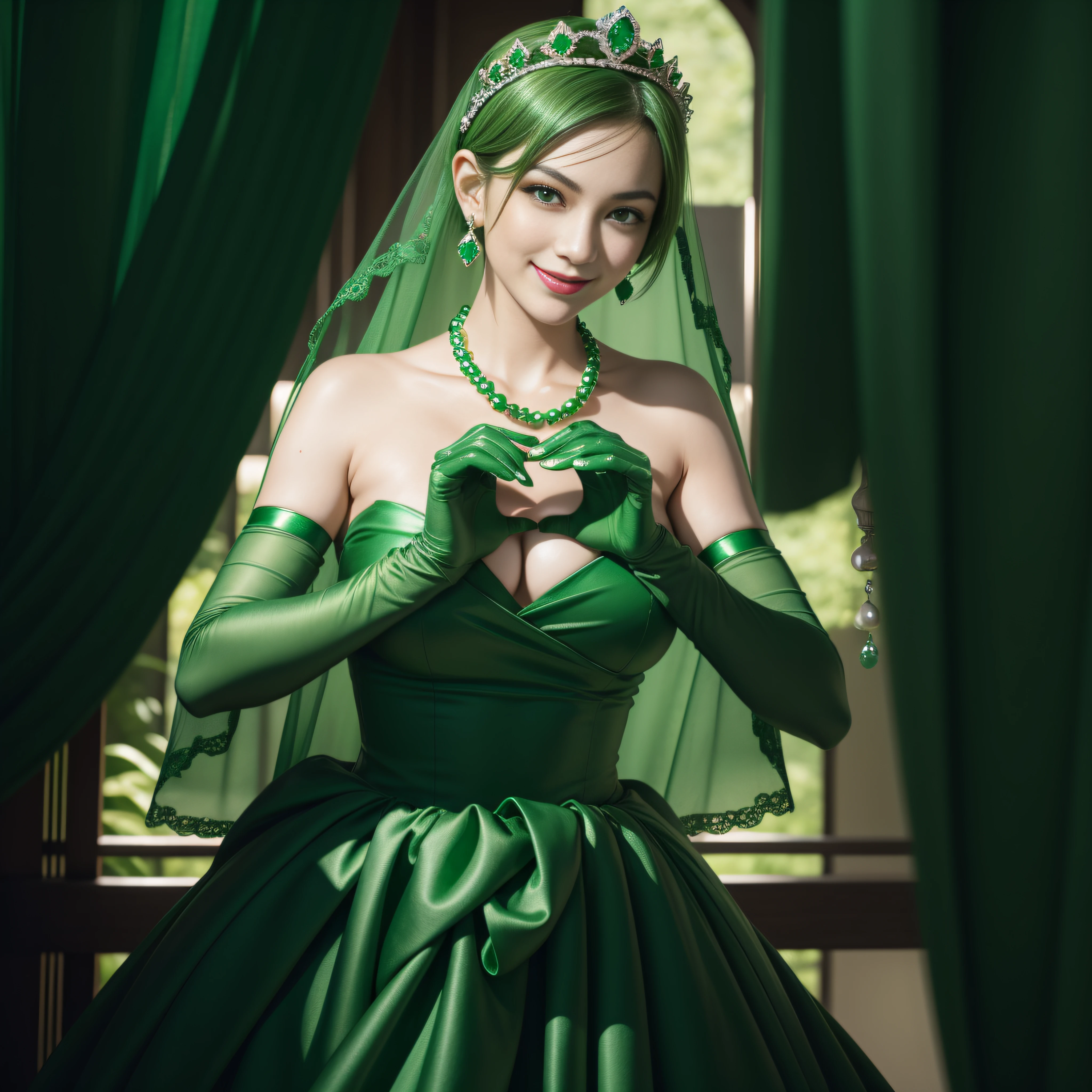 emerald tiara, Green Pearl Necklace, Boyish very short green hair, lipsticks, Japan woman smiling, very short short hair,  big breasts beautiful, Green eyes, Long green gloves made of satin material, Green eyes, Emerald Earrings, green vale, Heart with both hands