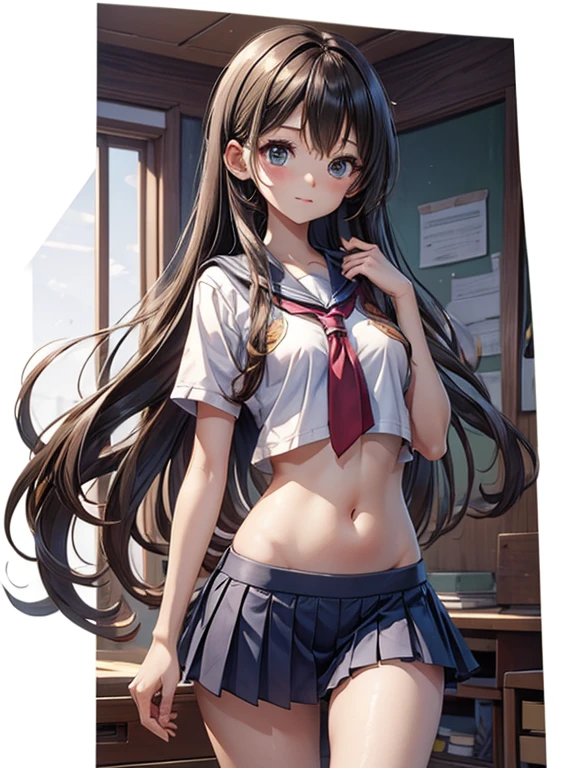 one-girl, loli, cute , small breasts, long hair, thin leg, mess up hair with hands, middle School girls, exposing your navel