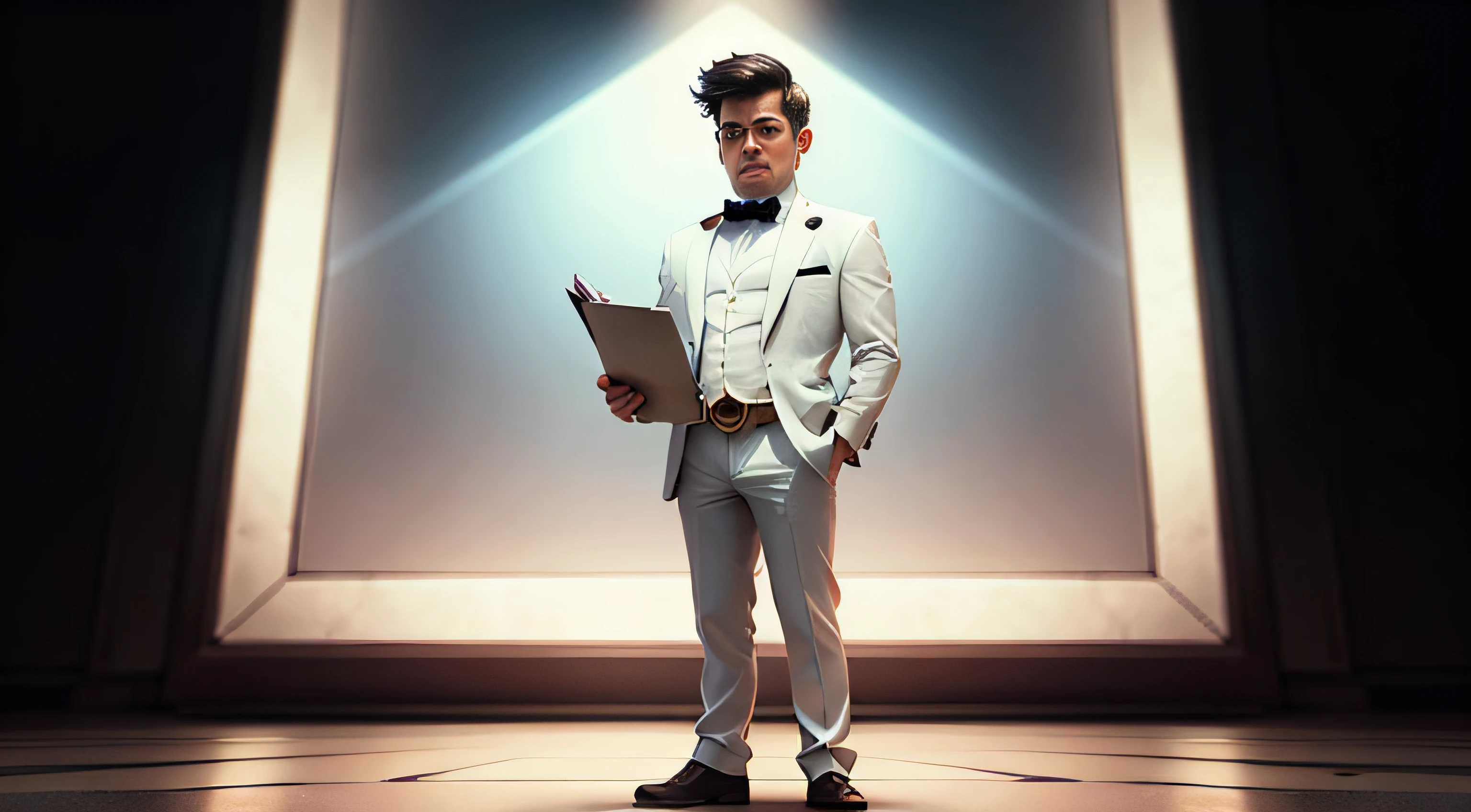 Cartoon wearing white suit,Notebook in hand,stand up pixar style,nothing background, full bodyesbian, Arrogant look, arrogant, despised