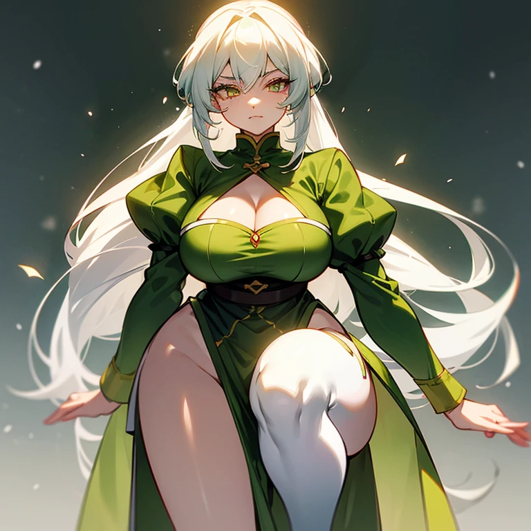 She wears a slightly yellow tinted version of the demon slayer uniform, which is showing some of her cleavage. Her snow white hair is very long, reaching her legs. She has sharp, yet relaxed and gentle eyes that are various different shades of green and yellow and red pupils. Her eyelashes are a pale red.