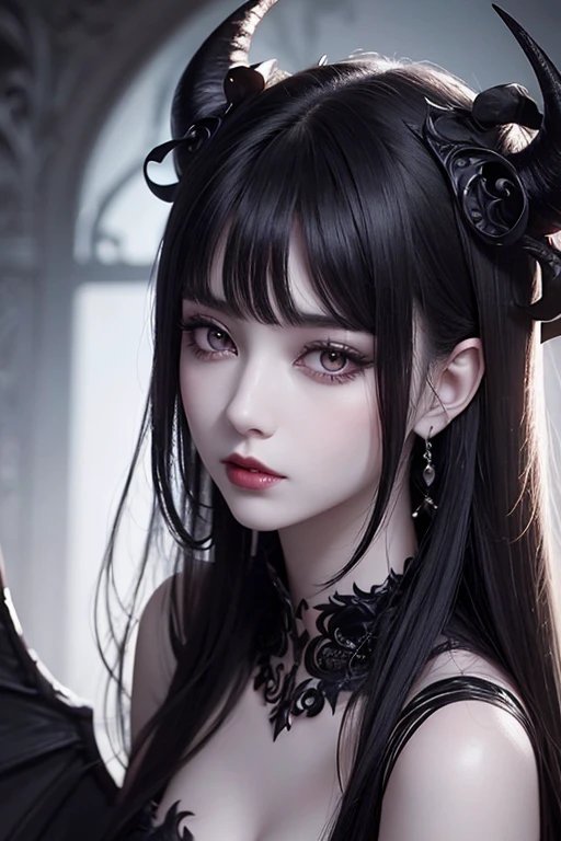 a close up of pale gothic woman, beautifull alluring woman, a darkness goddess, beautifull goddes, black haired deity, demon wings, demon horns, a very seductive black dress, smooth anime cg art, full body xianxia