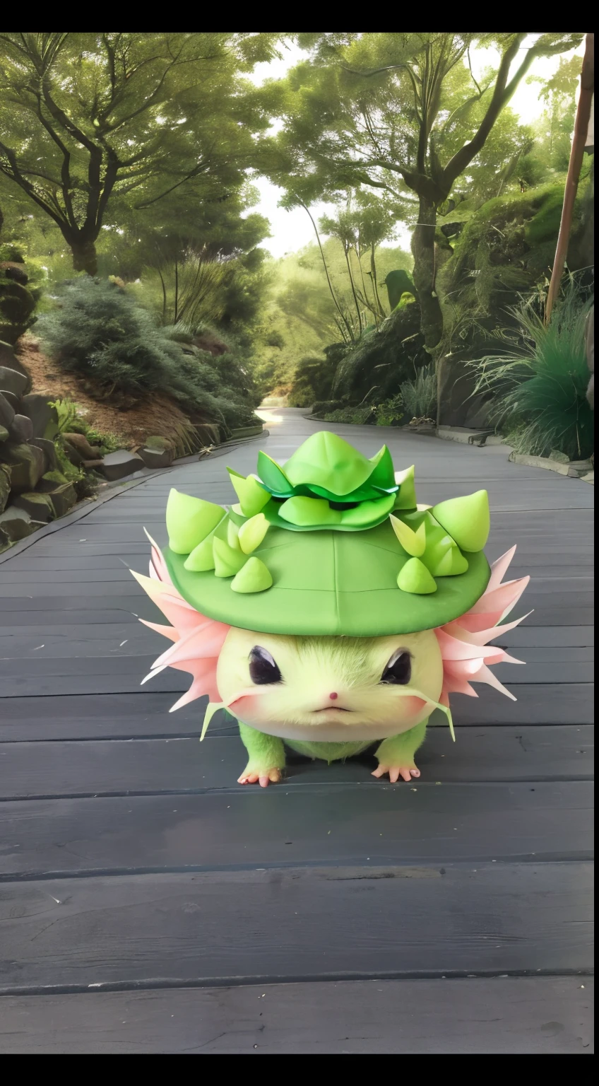There is a small plant creature wearing a green hat., new pokemon, green hedgehog 3d head, Giant flower head, head of green hedgehog, melting into lilligant, tatsumaki, Inspired by Pincious Cremegne, fluffy green belly, Bulbasaur, cheeryblossom, cute axolotl, cute forest creature