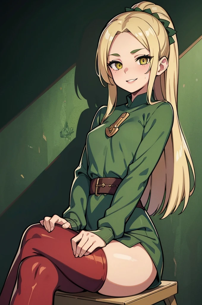 1girl, solo, , loose blond hair, wearing red leggings and green sweather, sitting on a chair in classroom, crossing legs, smiling embarassed, side view, bare forehead, hooked nose, puffy cheeks, small breast, alluring, flirty, confident, scornful look, malicious smirk, detailed face, detailed yellow eyes, detailed irises, thick fleshy lips, medieval, high res, best quality, ultrasharp, 8K, cinematic, green wall behind