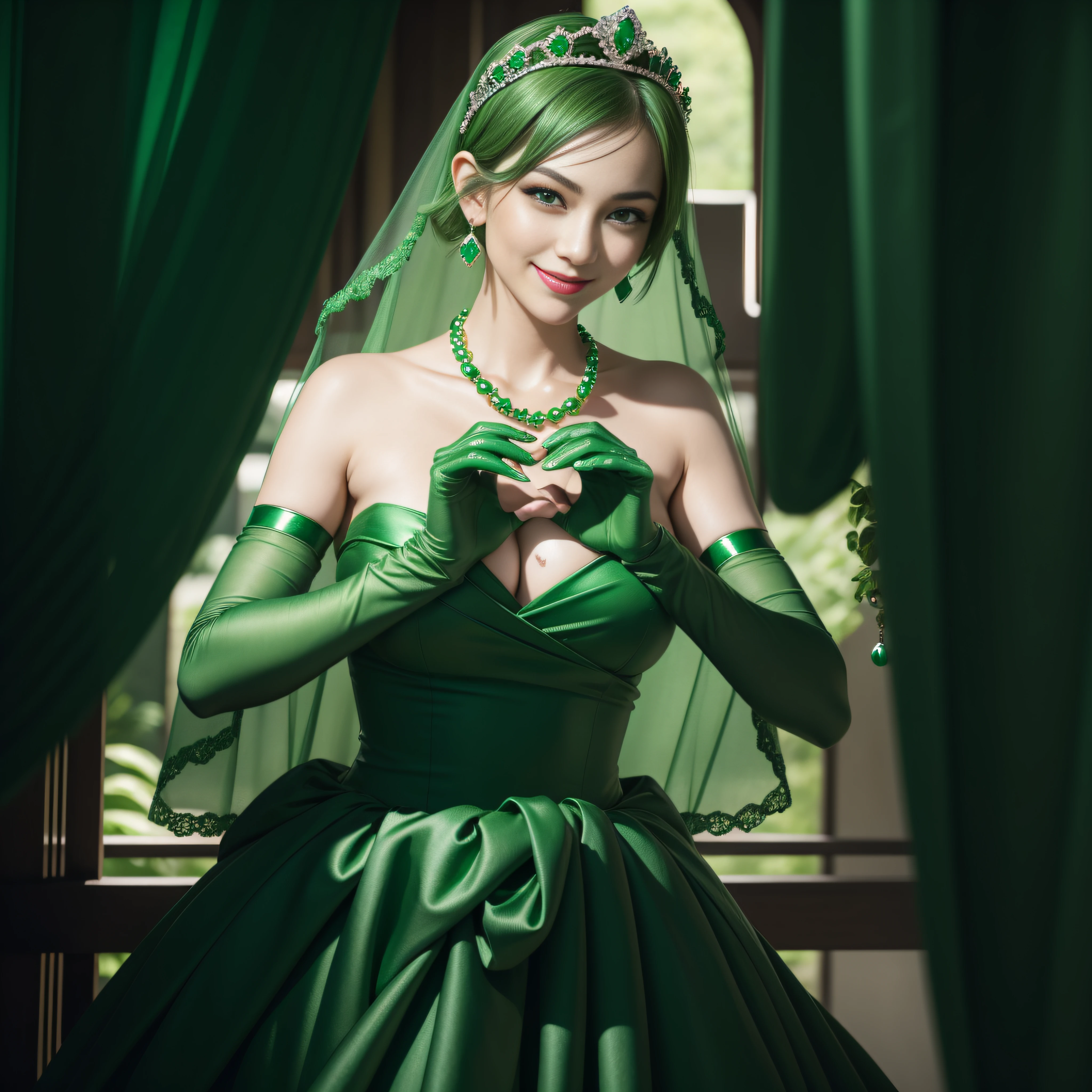 emerald tiara, Green Pearl Necklace, Boyish very short green hair, lipsticks, Japan woman smiling, very short short hair,  big breasts beautiful, Green eyes, Long green gloves made of satin material, Green eyes, Emerald Earrings, green vale, Heart with both hands