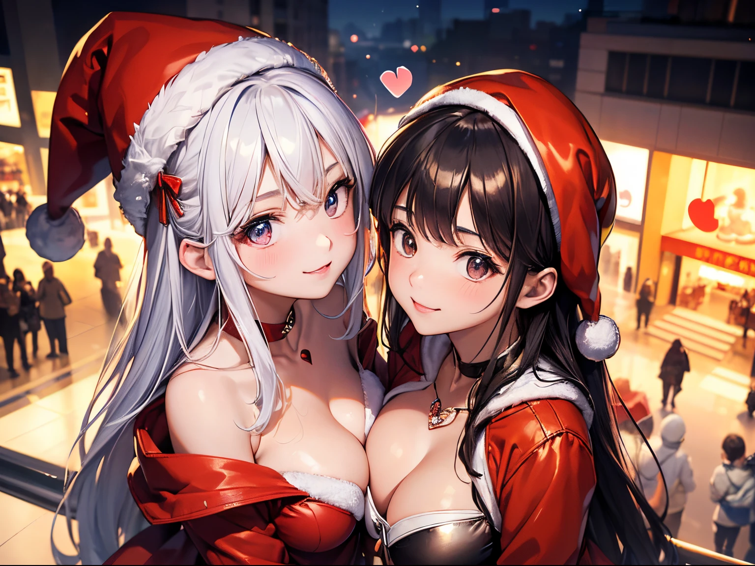 (8k, masterpiece, Best Quality, ultra-detailliert, Professional lighting), 2girls, (Beautiful girl, baby face: 1.3), group shot, yuri, (bring one's face closer:1.5), sitting on ground, wariza, large breasts, plump, red fril bikini, santa cap, cloak, black leather choker, tareme, gleaming skin, orange lipstick, from above, light particles, shopping mall, outdoor, snowful, present box, smile, (spoken heart:1.3), (a person, crowd:1.3)