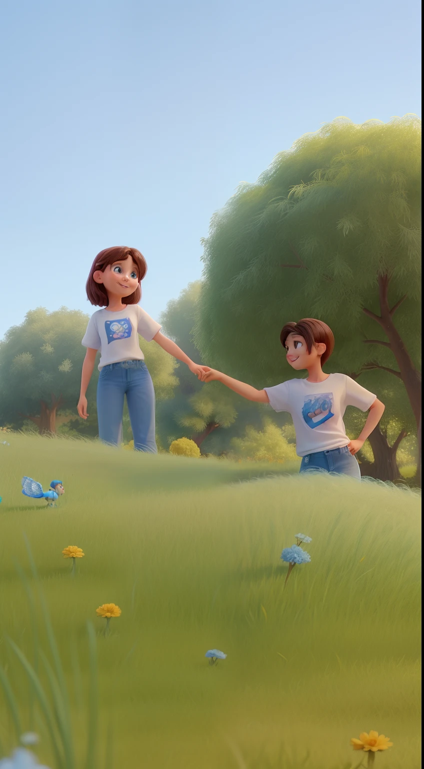 Create a beautiful Disney pixar a girl and boy girl with white tshirt and blue jeans and boy with white shirt and blue jeans holding each other smiling at each other looking at each other with backaground beautiful trees cinematic look