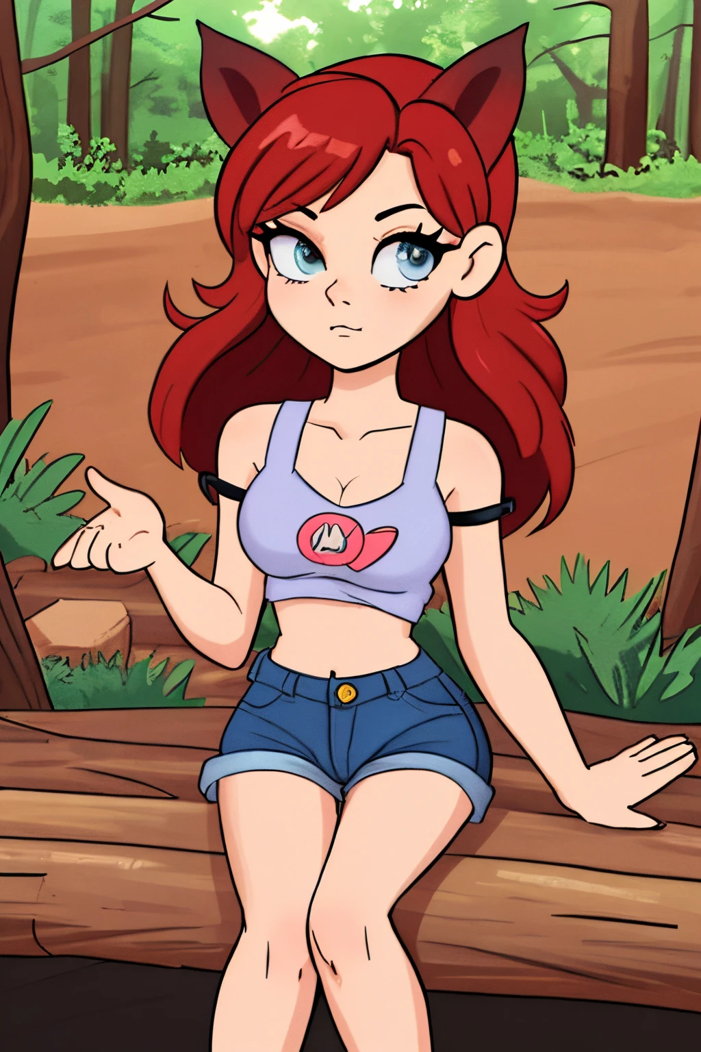 close up 1girl in, ager, Solo, vibrant red hair, straight red hair, short red hair, light gray eyes, some small freckles, pale skin, medium breasts, cleavage, runners body, (thin hips, thin waist: 1.25), (arched back:1.12), detailed skin, neutral face, pouting, revealing clothes, (wearing cropped tank top, blue jean shorts ripped, hair clip: 1.1), looking at viewer, (action shot hand over chest touching:1.27), (sitting down on log: 1.22), (dark fox ears:1.25), (detailed magical forest background:1.1), creek, overlooking opening in forest, relaxing, 4k textures, soft light, elegant, highly detailed, sharp focus, soothing tones, insane details, intricate details, hyperdetailed, low contrast, exposure blend, hdr, faded
