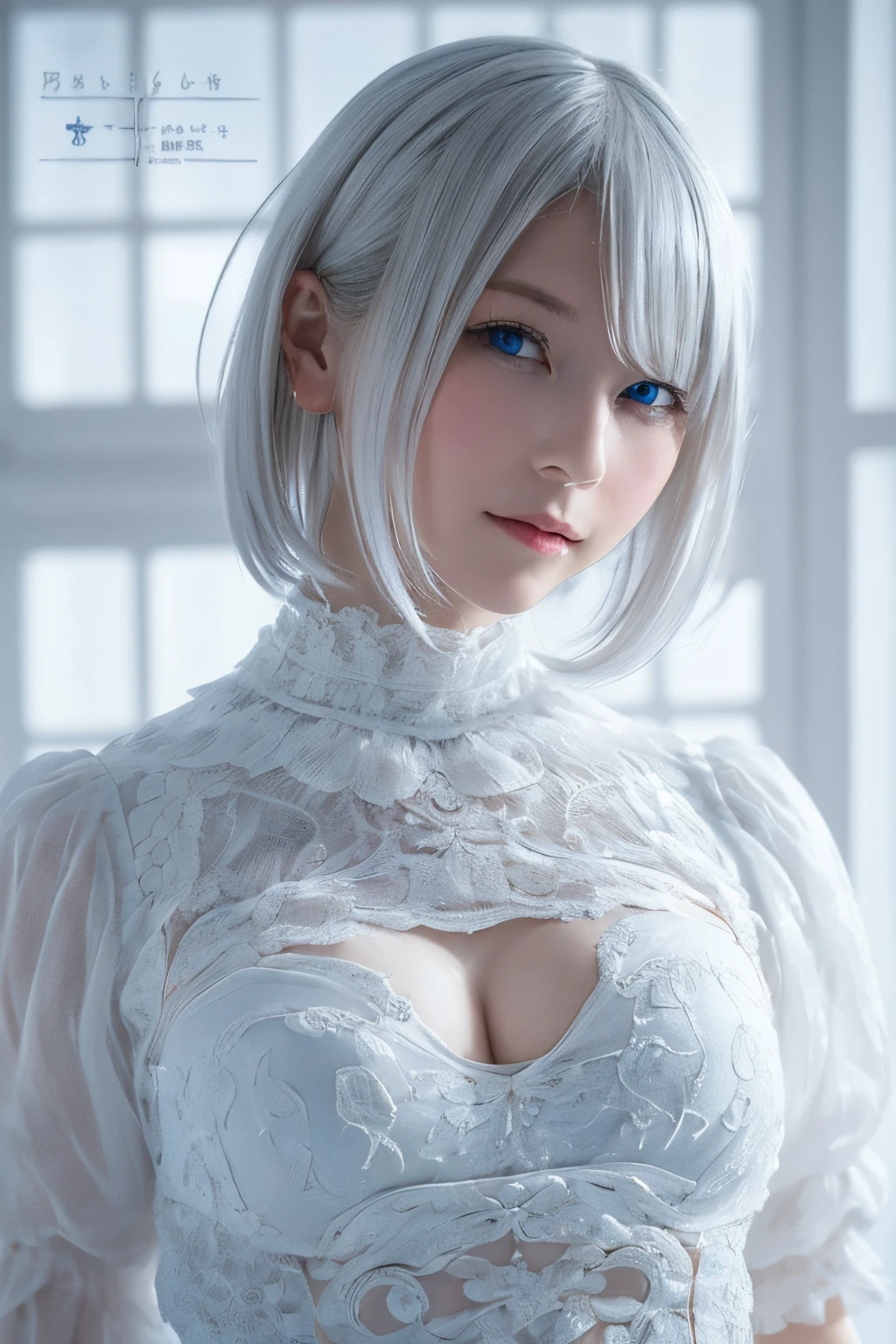 ((High quality)),masutepiece,(Detailed depiction of local details:1.2),1girl in,Blue eyes,large full breasts,Closed mouth,Eyelashes,Looking at Viewer,Portrait,Solo,Upper body,White hair,White theme,Short hair,Silver hair,shairband,Yorha No. 2 Type B,