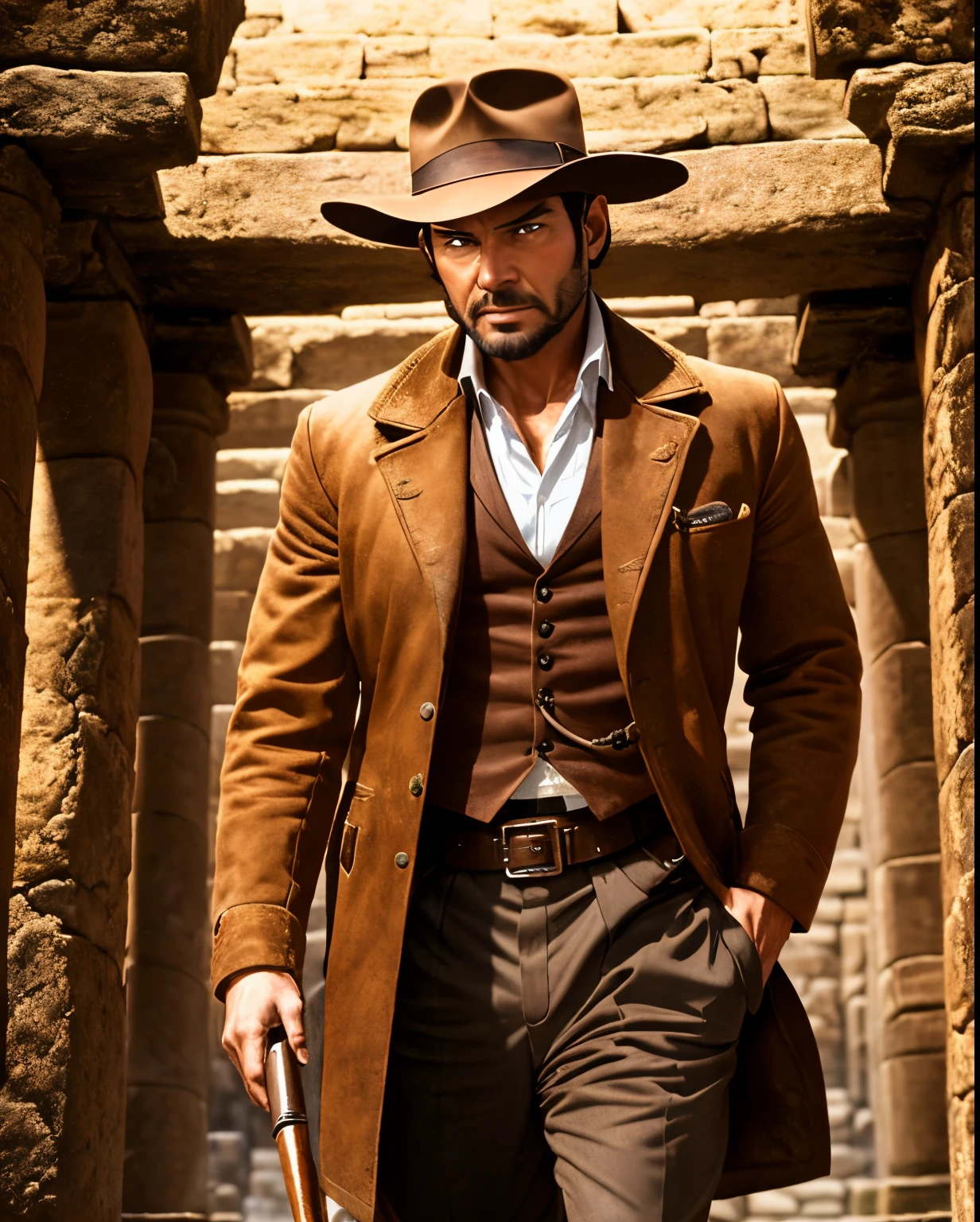 In the style of Argerm, A Man From Indiana Jones Series, Wear Brown Hat, Brown Jacket, Handsome Man, Holding Big gun in Ancient Temple, Half Body, Left hand wear old clock, (Background Ancient Temple), In the dark,
