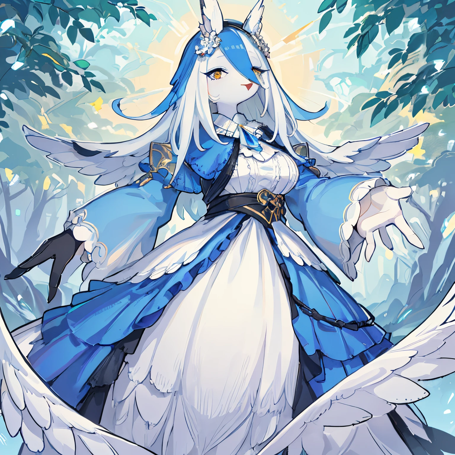The anthropomorphic figure is a female of a species of bird with elegant features. Its plumage is soft and silky, presenting shades of blue and white that blend harmoniously. Their wing feathers spread majestically, suggesting an impressive wingspan.

Her face is refined, with large, expressive eyes that reflect intelligence and grace. The beak has transformed into a delicate, smiling mouth, adding a human touch to its appearance. Around her eyes, feathers with subtle makeup stand out, accentuating her look.

The torso presents a stylized anthropomorphic figure, with a human-like structure but with an avian touch. The lower limbs take on bird-like features, with thin, elegant claws adding a distinctive element.

Her clothing reflects elegance, with details inspired by classic fashion and accessories that complement her avian style. A flowy dress or lace details could enhance her look.

The background of the illustration can be placed in a natural environment that highlights her connection with nature or in an urban setting that shows her adaptation to modern life.