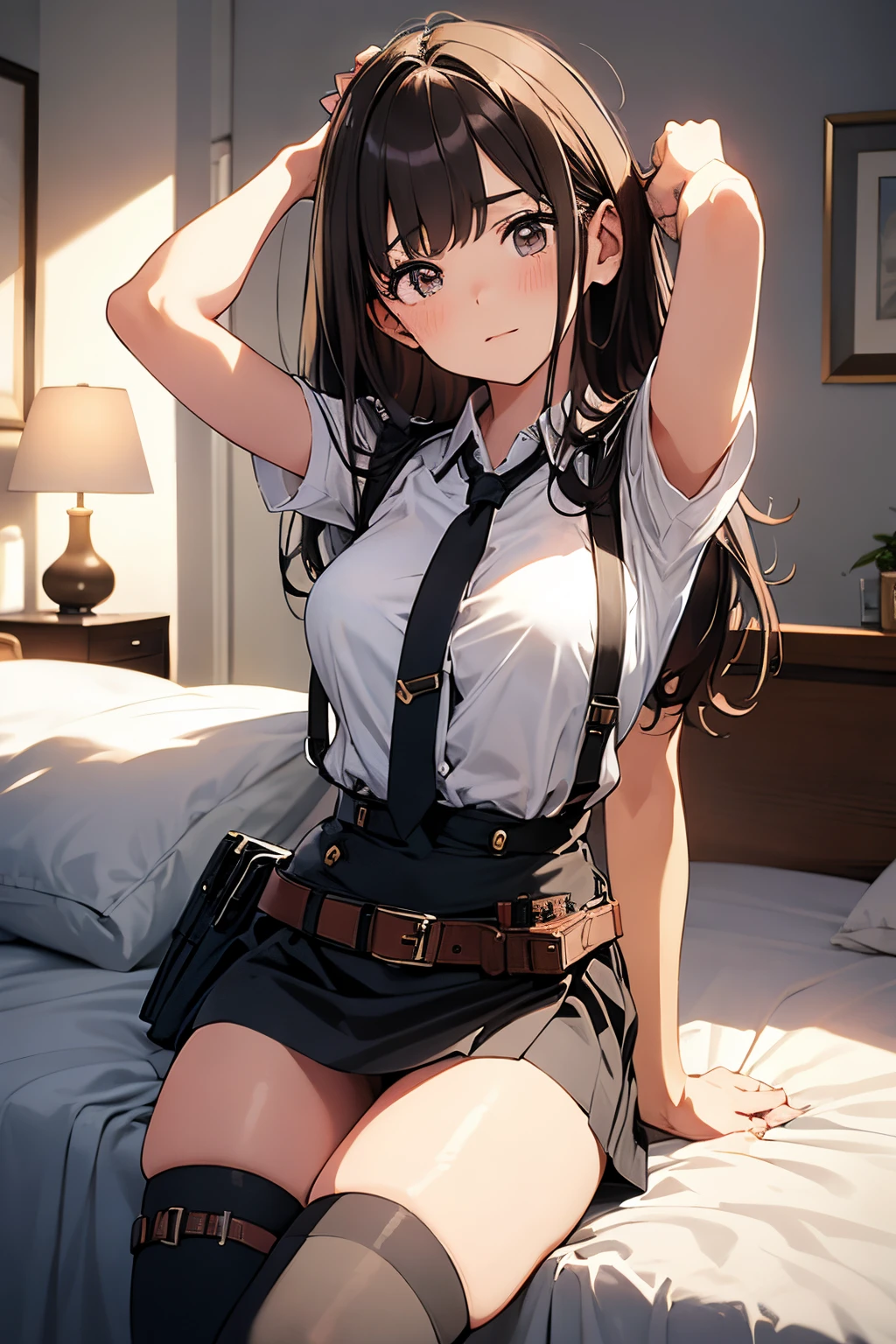 ​masterpiece、flat-colors、depth of fields、lens flare 1 girl、、Brown hair、watching at viewers　　　black suspenders　　　Bulging big breasts　　 　 　　　walls: 　Black miniskirt　garters　　　　　　Gaze　　　Small face　bangss 　　　holster　　Belt Armament　Beautuful Women　srestrained　hands up　Lying in bed　Leg holster lying on the bed　　Gaze 　black boots panty shot　own face　Forehead Center