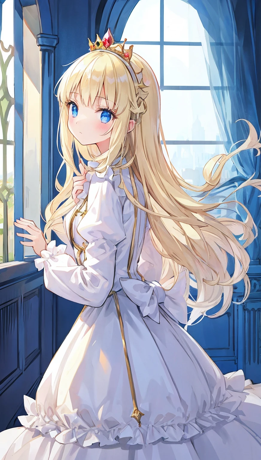 beautiful illustration, best quality, cute girl, indoor, (princess), white dress, tiara, (petite), blond long hair, from side, castle, cowboy shot