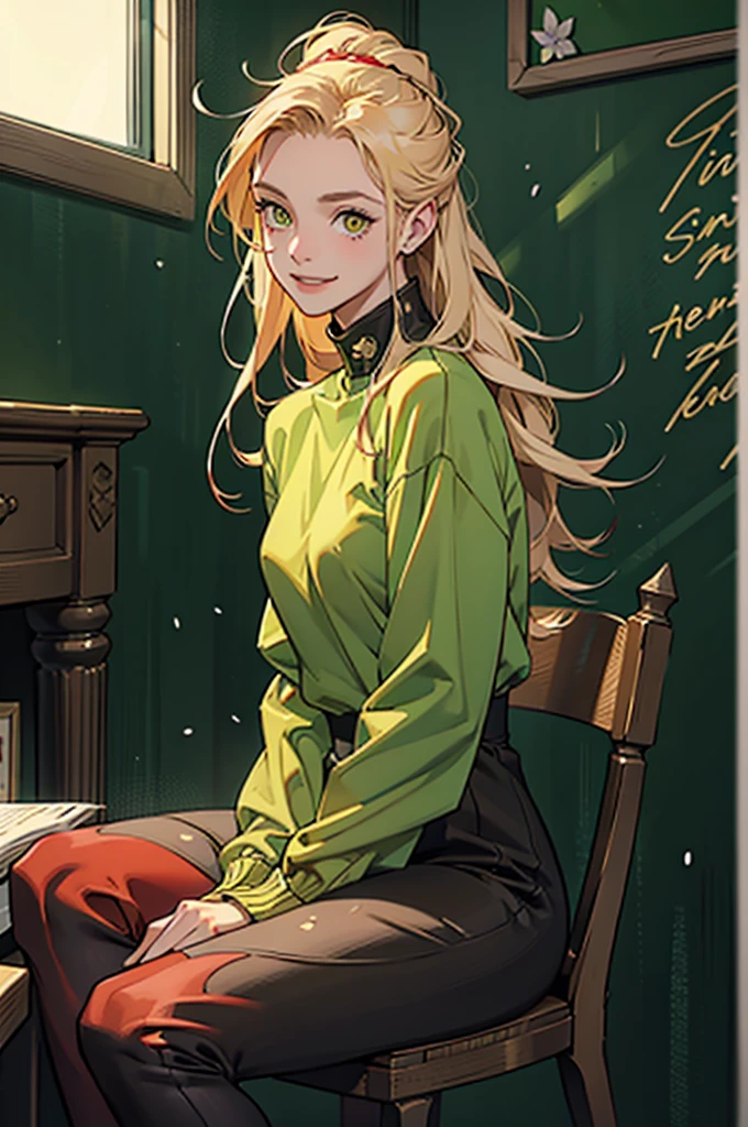 1girl, solo, , loose blond hair, wearing red leggings and green sweather, sitting on a chair in classroom, crossing legs, smiling embarassed, side view, bare forehead, hooked nose, puffy cheeks, small breast, alluring, flirty, confident, scornful look, malicious smirk, detailed face, detailed yellow eyes, detailed irises, thick fleshy lips, medieval, high res, best quality, ultrasharp, 8K, cinematic, green wall behind