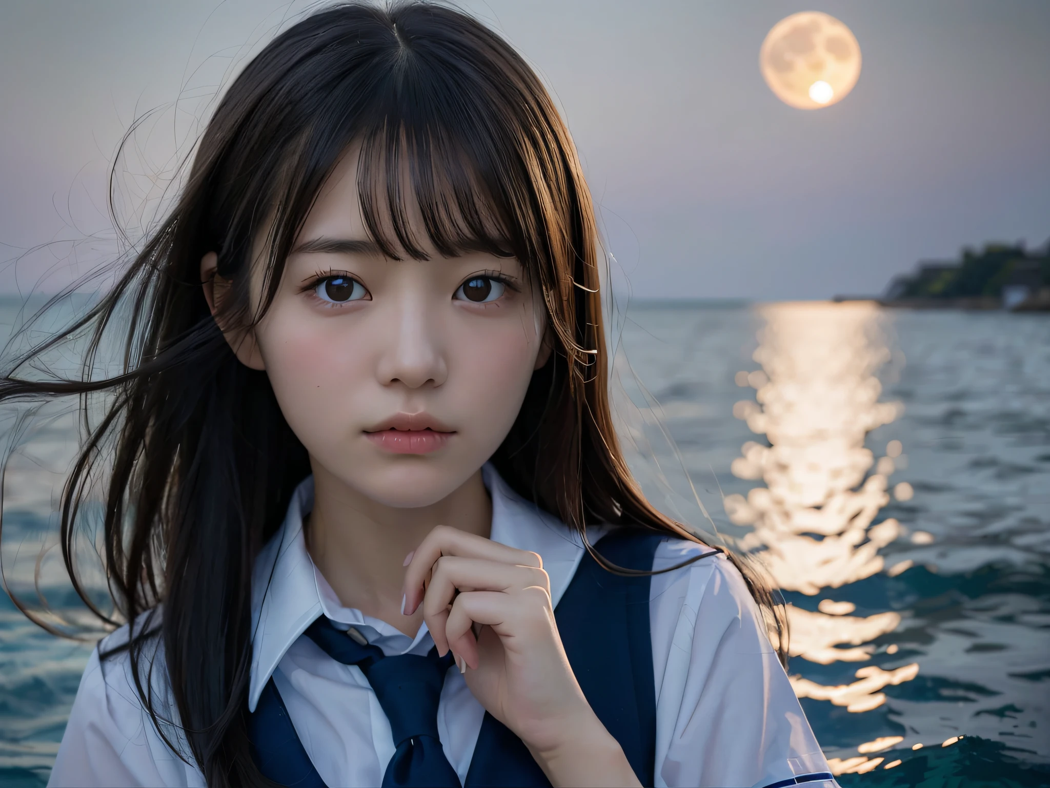 (One of them is wearing a school uniform、Close-up portrait of slim girl with small breasts:1.5)、(The girl with hair swaying in the wind looks at the big full moon，express sadness 1.3)、(The big full moon at night is reflected on the sea :1.3)、(perfect anatomia:1.3)、(Complete hands:1.3)、(Complete fingers:1.3)、真实感、Original photography、On a table、top-quality、A high resolution、prette、The face shape is perfect、beautidful eyes、Fair skin、Real human skin、pores、((lean legs))、(black hair color hair)
