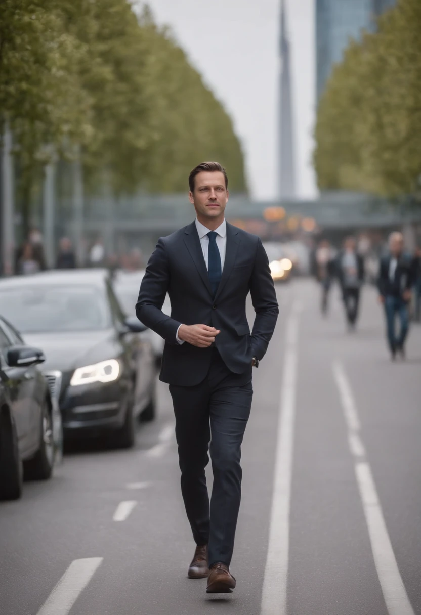 one business man walking on the road in the Frankfurt, ECB sign in the background, flat hair stylish,