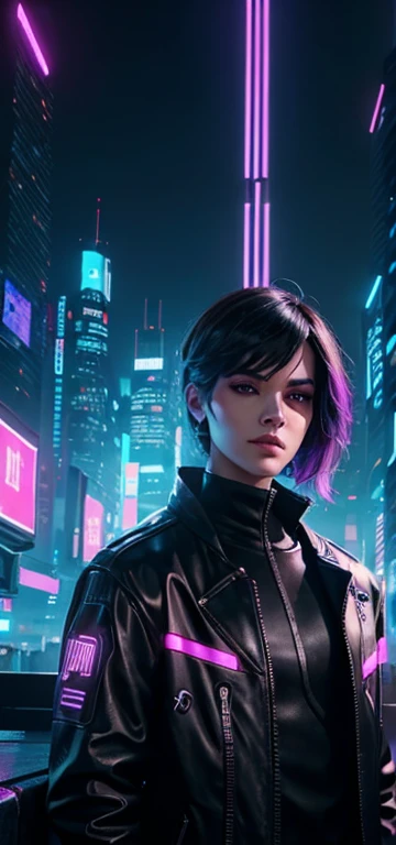 Beautiful androgenous person, cyberpunk theme clothing and background, neon lighting, cityscape background, portrait of beautiful androgenous person