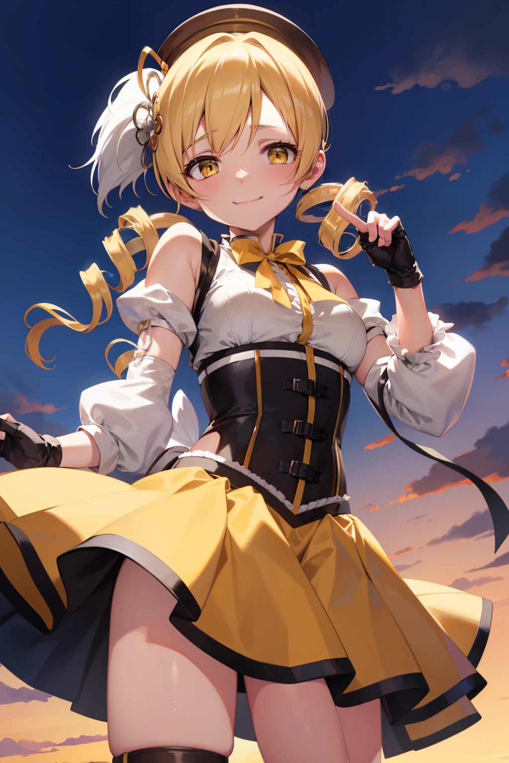 masutepiece, Best Quality, 1girl in, (Mami Tomoe), Blonde hair, Drill Hair, twin drills, (Yellow eyes:1.2), Brown gloves, corsets, Detached sleeves, Fingerless gloves, Smile, hat, magical ***********, Puffy sleeves, striped thigh, Yellow skirt, coverd nippple, breasts, npclearly, clearly , Hidden Private, Partially visible crotch, skyporn, evening, Sunset,、((Photo from below))、((Black panties))