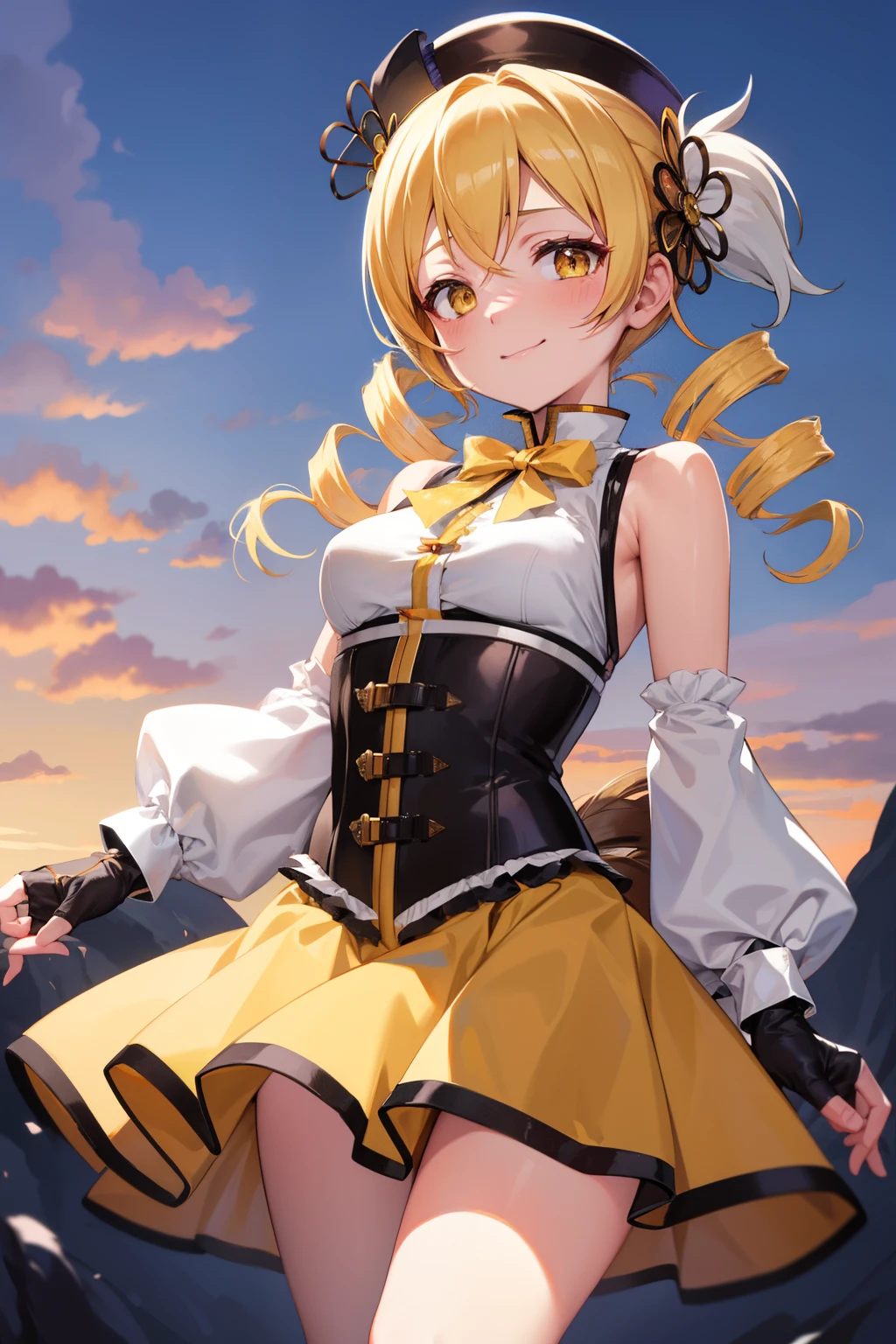 masutepiece, Best Quality, 1girl in, (Mami Tomoe), Blonde hair, Drill Hair, twin drills, (Yellow eyes:1.2), Brown gloves, corsets, Detached sleeves, Fingerless gloves, Smile, hat, magical ***********, Puffy sleeves, striped thigh, Yellow skirt, coverd nippple, breasts, npclearly, clearly , Hidden Private, Partially visible crotch, skyporn, evening, Sunset,、((Photo from below))、((Black panties))