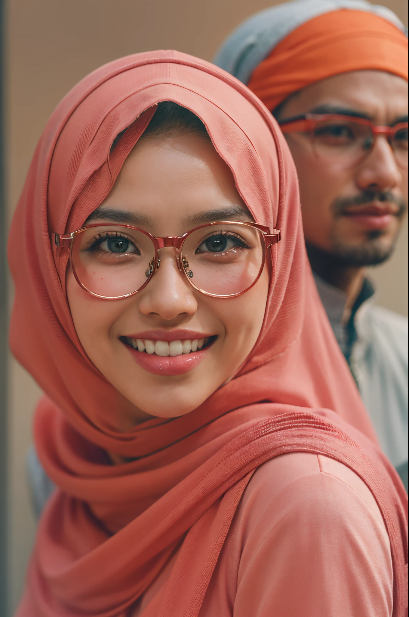 (masterpiece, best quality:1.2), solo, 1 naked malay girl and 1 naked malay man, smile, looking at viewer, hand on hip,girl wear pastel red color hijab, eyewear on head, man behind girl, extreme close up shot, ultra detail, pastel color grading,