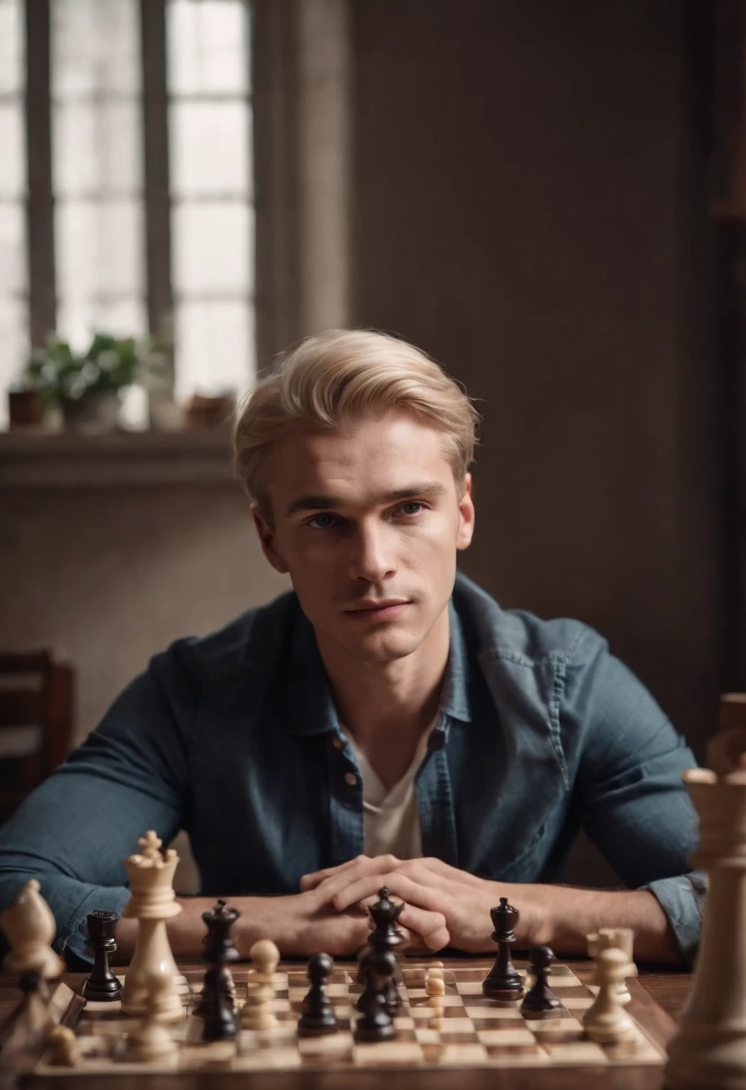 Make a photo of a man playing chess, blond hair, fit, handsome, long distance, some people cheering in for the game