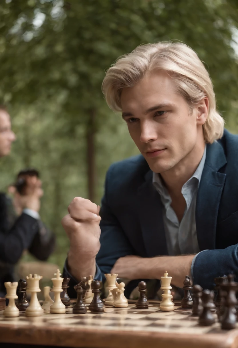 Make a photo of a man playing chess, blond hair, fit, handsome, long distance, some people cheering in for the game