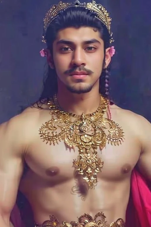 RAW photo, a Modernist hyperrealistic portrait photo of 25 y.o man, hansome face, mix face of salman khan and amir khan, as a javanese Male, Hot Guy, lite moustache, muscular, macho, wearing art nouveau majapahit kingdom costume, gold head band, gold shoulder band, gold necklace, gold crown, hair bund, long-haired, Fade Cut, well built Large body bodybuilder, low angles, Real texture, wear psychedelic sarong batik silk, (high detailed skin:1.2), 8k uhd, dslr, Fujifilm XT3, soft lighting, film grain, masterpiece, high quality