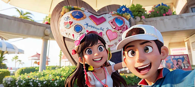 they are posing for a picture in front of a heart shaped sculpture, in love selfie, selfie photo, tyler edlin and natasha tan, selfie, facebook post, full heart - shaped face, vacation photo, album art, pov photo, low quality photo, happy couple, selfie shot straight on angle, backdrop, at sunset, ayahausca, k