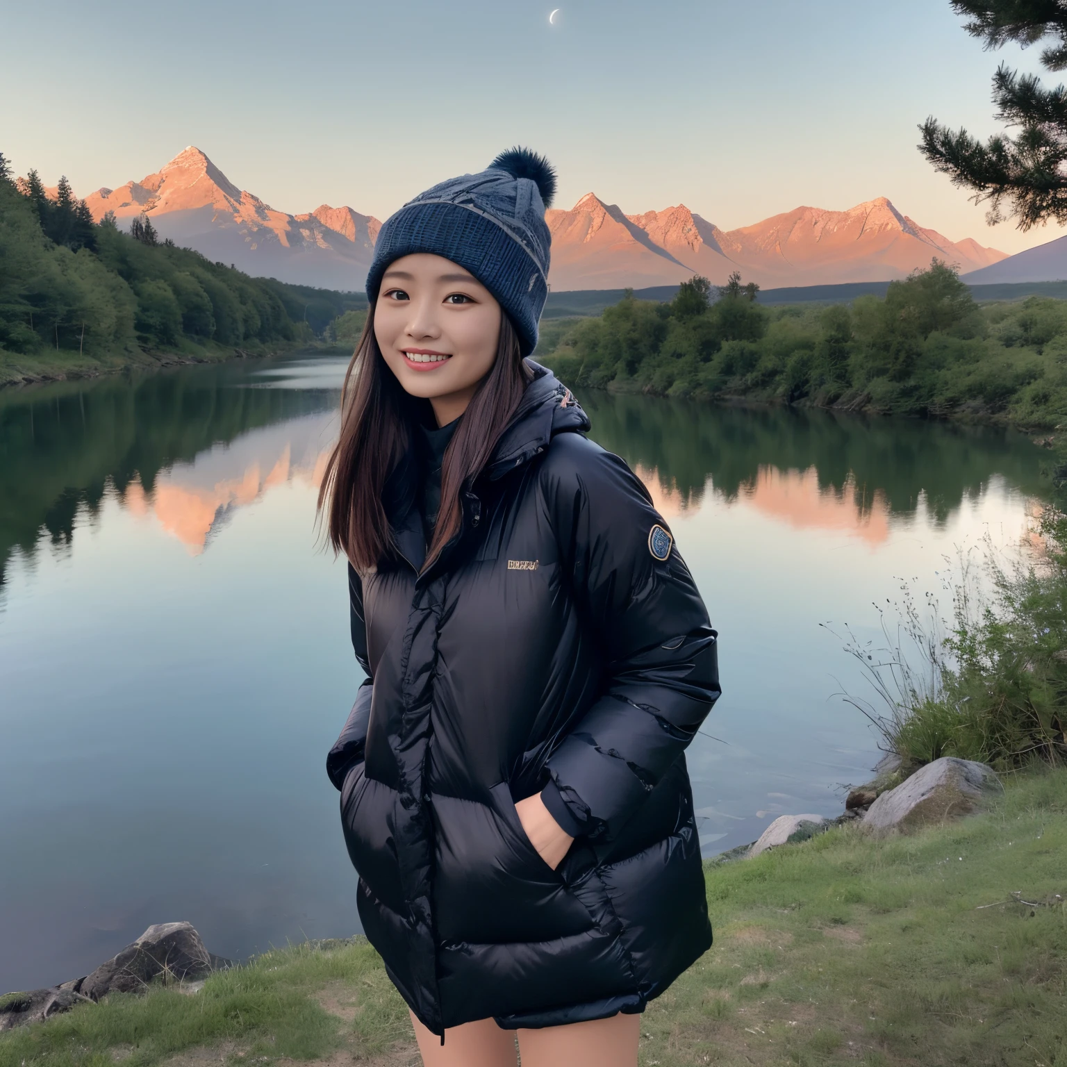 (top-quality、masutepiece、in 8K、Top image quality、1 photo)、1人の女性、1 female、Down jacket、knit hat、Winter clothes、Camping Chair、teepee、There is a river in the background、Campsite surrounded by nature、(Midnight、starrysky、Fantastic starry sky)、photo of her from the waist up、Look at me and smile