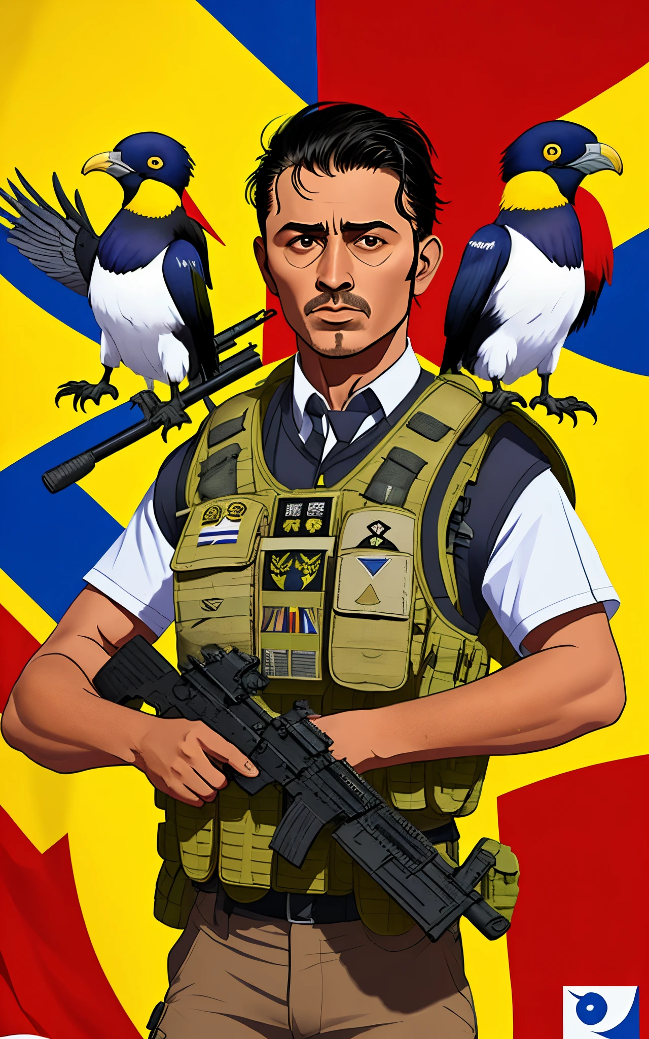 Condor with a bulletproof vest and carrying a weapon with a tactical scope with the flag of Ecuador in the background