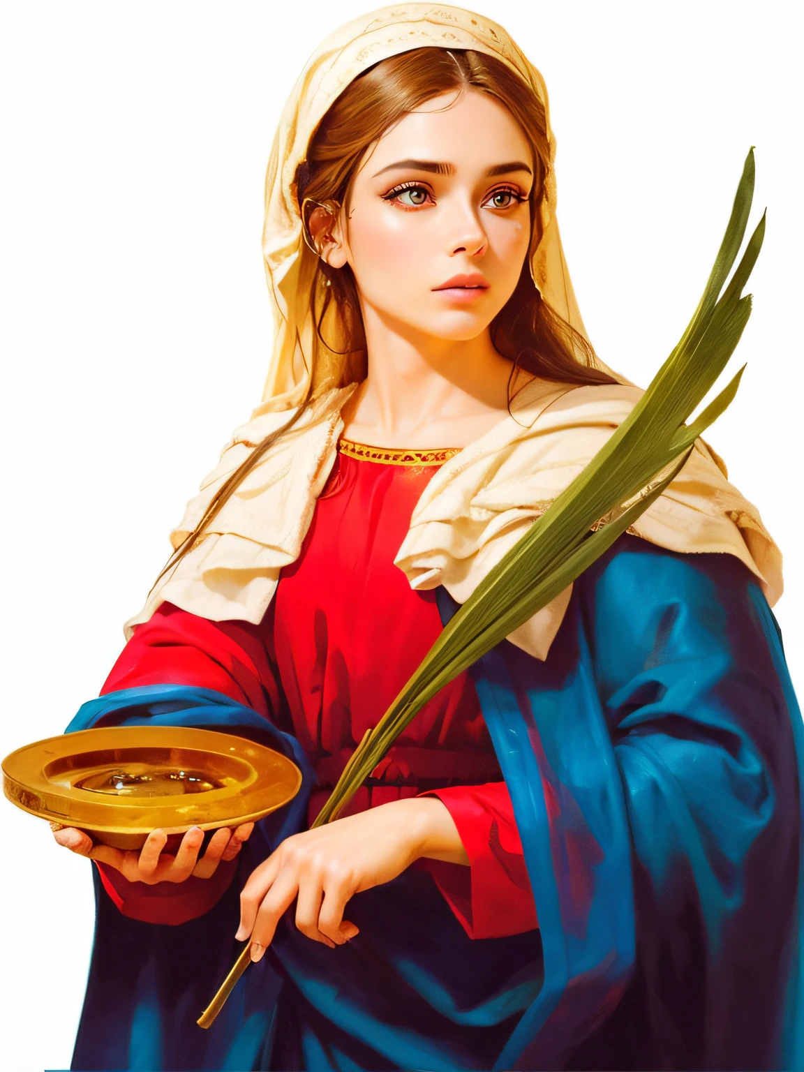 redraw this image with high resolution, olhos no prato dourado, perfect hands, Manto azul