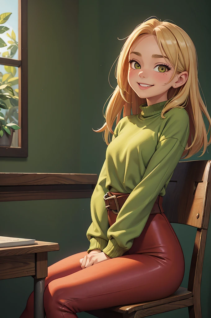 1girl, solo, 16 years old, loose blond hair, wearing crimson leggins and dark green sweather, sitting on chair in classroom, crossing legs, smiling embarassed, side view, bare forehead, hooked nose, puffy cheeks, small breast, alluring, flirty, detailed face, detailed yellow eyes, detailed irises, thick fleshy lips, medieval, ecchi, high res, best quality, ultrasharp, 8K, masterpiece, cinematic, breedable, submissive, sexy, hot, green wall behind