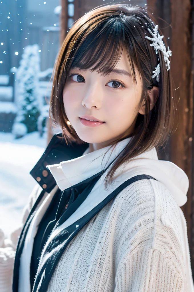 1 girl, Realistic young gravure idol, young sensual gravure idol, young pretty gravure idol, Japanese model, Yoshitomo Nara, young gravure idol, realistic sensual gravure idol, sophisticated gravure idol, Ayami, Japanese goddess, Beautiful Asian girl, short hair with bangs, masterpiece, 8K, average Japanese, average Japanese, looking at viewer,Building a snowman,Playing in the snow