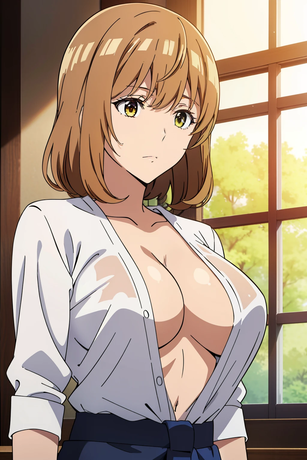 (Best Quality, masutepiece, High resolution, anime screen cap, anime colours), Brown hair, Yellow eyes, Yuriko Aoki, Embarrassed look, (large full breasts:1.5), cleavage of the breast, (Thin fabric, White shirts for men:1.8, no-bra:1.5), Slimed, squeezing breasts:1.5, Upper body, Bedrooms, (Perfect Anatomy, perfect detailed body, Eyes and hair in beautiful detail, Beautiful breasts and skin),