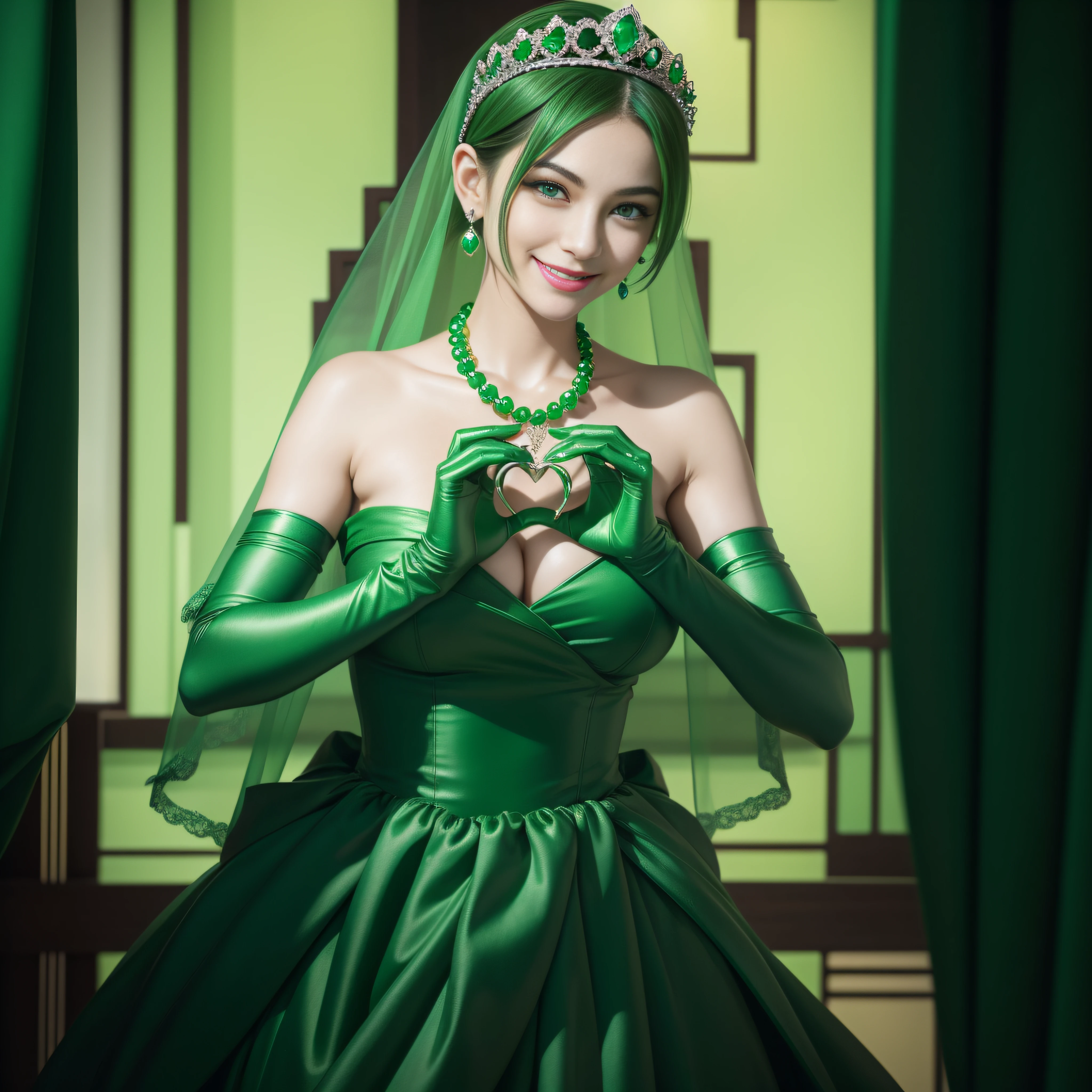 emerald tiara, Green Pearl Necklace, Boyish very short green hair, lipsticks, Japan woman smiling, very short short hair,  big breasts beautiful, Green eyes, Long green gloves made of satin material, Green eyes, Emerald Earrings, green vale, Heart with both hands