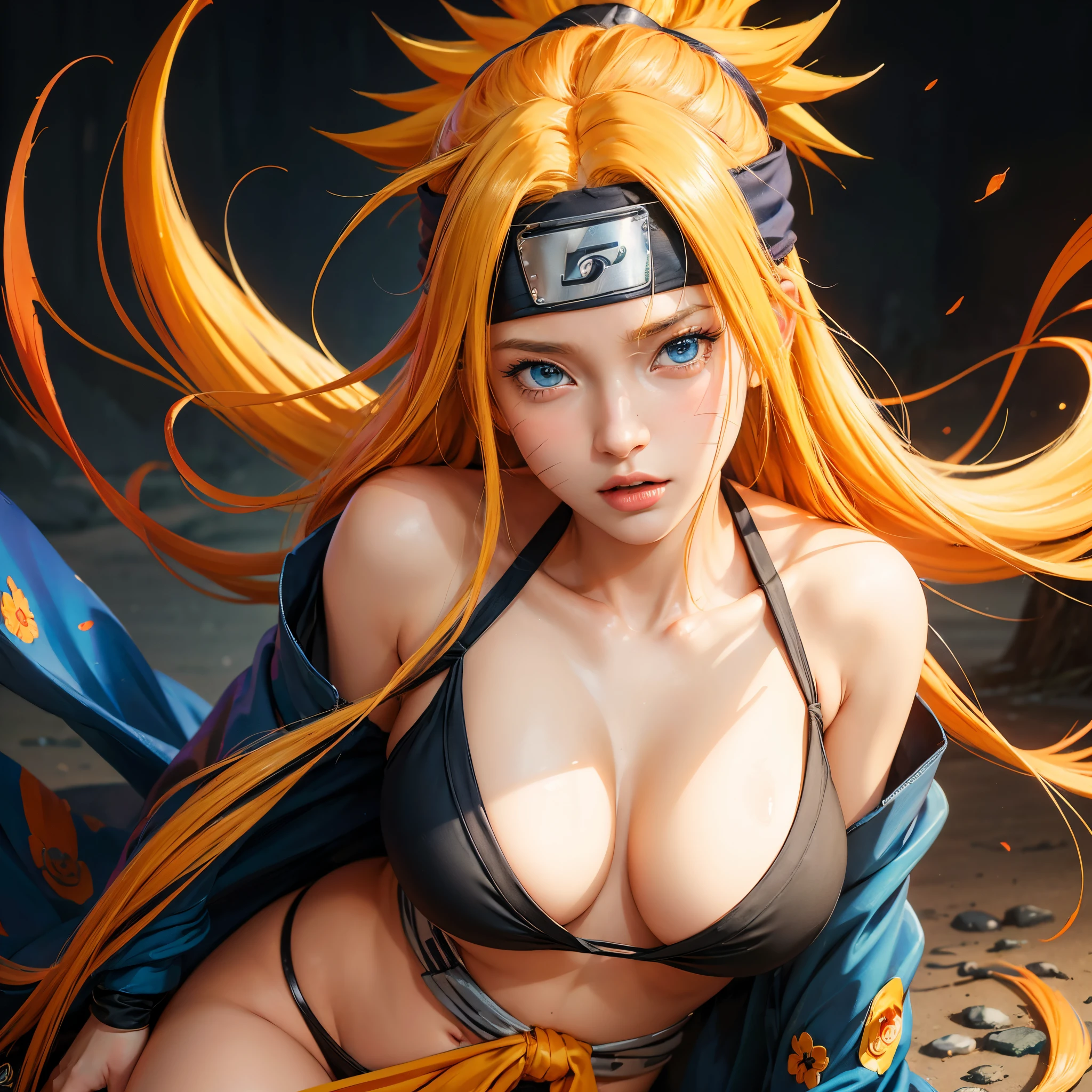 generate Naruto from naruto anime, best quality, masterpiece, 1girl, (solo:1.1), raytracing, ultra detailed, 8k wallpaper, wide hips, tsundere face, large breast, ninja headband. (long hair:1.1),yellow hair, ((blue eyes)), looking at viewer, collarbone, orange strapless bra and kimono, cleavage, female, at hotspring. cat whiskers cheek, sit and spread legs, blue whirlwind on hand ((rasengan)), (masterpiece, best quality:1.2),(8k,highres,RAW photo,realistic,photo-realistic:1.3),(detailed skin texture,detailed cloth texture,beautiful detailed face:1.25),professional lighting,photon mapping,beautiful soft light,radiosity,physically-based rendering,model shoot style, model shoot style, (extremely detailed CG unity 8k wallpaper), full shot body photo of the most beautiful artwork in the world, complex 3d render ultra detailed, looking at viewer, 50 yo, milf, wet hair, real human skin, vibrant details, hyperrealistic, beautiful, octane render, 8k, best quality, masterpiece, an extremely delicate and beautiful, extremely detailed ,CG ,unity ,wallpaper, (realistic, photo-realistic:1.37),Amazing, finely detail, masterpiece,best quality,official art, extremely detailed CG unity 8k wallpaper ,extreme detailed eyes, (perfect face), shiny skin, colorful, highest detailed, vibrant colors, ultra high res, (high contrast), intricate, lens flare,