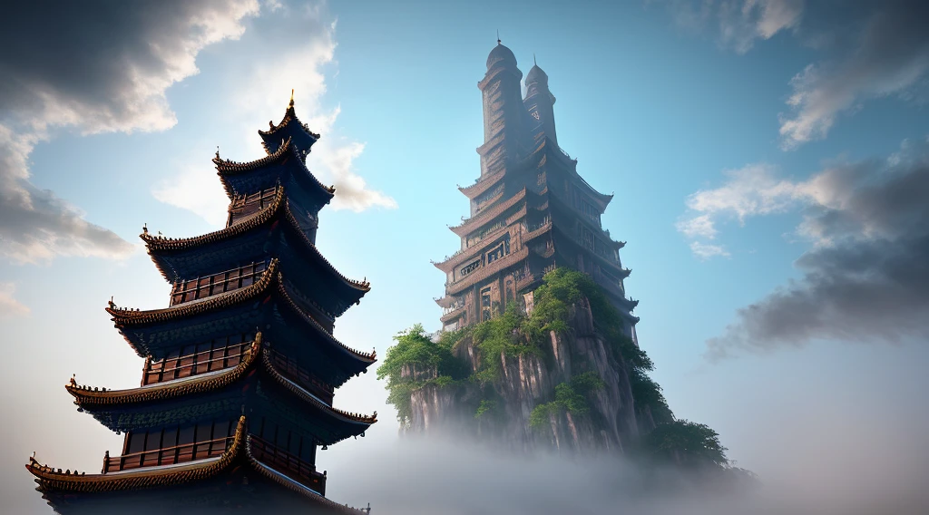 Heaven is filled with rain and fog, Towering buildings, Fantasy world, ​​clouds, a tower surrounded by illusion, The back view of Xianfeng Daogu, Exotic beasts, Cinematic, Intricate and ultra-detailed, (Super detailed CG unity 8K wallpaper), Shoot from below, low angles, one-point perspective