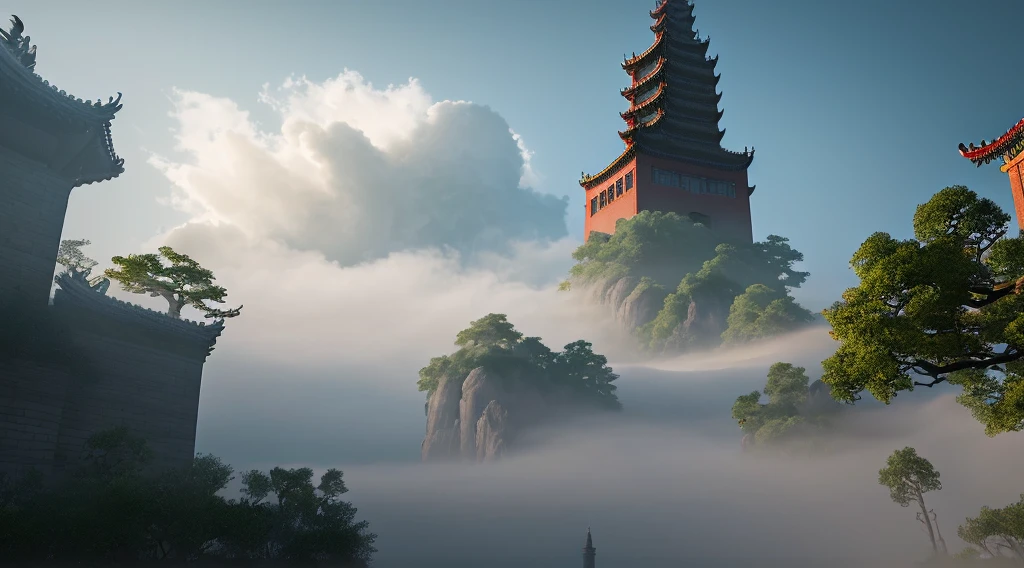 Heaven is filled with rain and fog, Towering buildings, Fantasy world, ​​clouds, a tower surrounded by illusion, The back view of Xianfeng Daogu, Exotic beasts, Cinematic, Intricate and ultra-detailed, (Super detailed CG unity 8K wallpaper), Shoot from below, low angles, one-point perspective