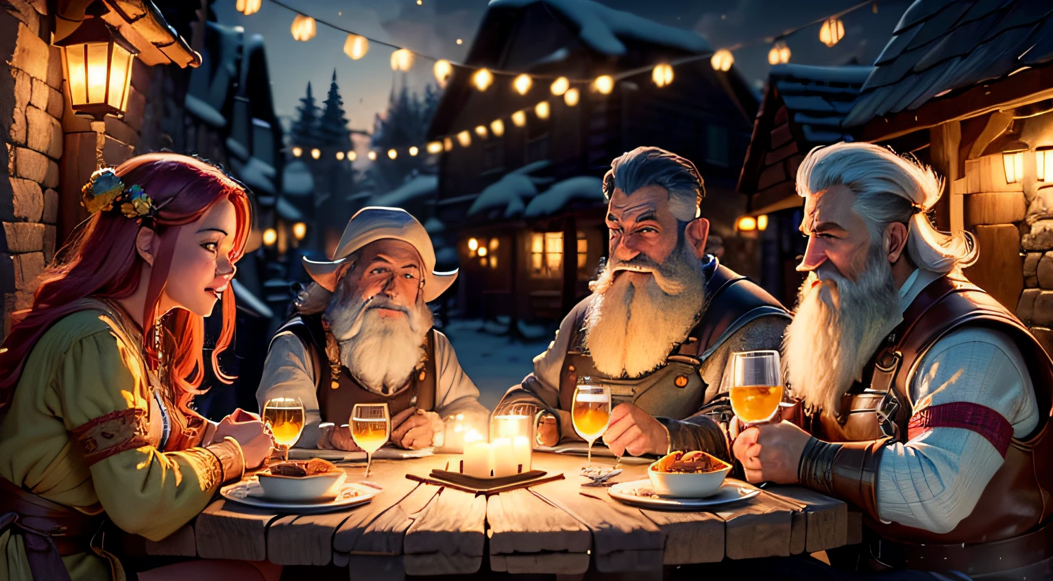 "Gnomes sitting in a bar drinking beer and eating by Brian Froud"