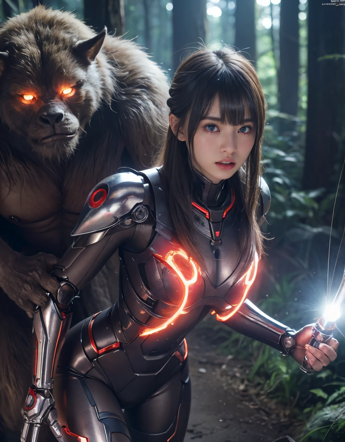 (1 Mechanical Girl)、top-quality、masterpiece、超A high resolution、(Photorealsitic:1.4)、Raw photo、1人、Fight mutants、glowy skin、(((1 Mechanical Girl)))、With a beautiful knife、(Red Metal Bodysuit)、(Fight goblings、ogre、Fierce battle with orcs),(Fight fiercely against aliens)、Fight fiercely、(beautiful forest background)、(Fighting Demonic Beasts)、(Small LED)、((super realistic details))、portlate、(Strong giant demon beast background),globalillumination、Shadow、octan render、8K、ultrasharp、Colossal tits、Raw skin is exposed in cleavage、metals、Details of complex ornaments、Japan details、highly intricate detail、Realistic light、(Mystical expression),CGSoation Trends、Blue eyes、radiant eyes、Facing the camera、neon details、(Mechanical limbs)、(blood vessels connected to tubes)、(Wires and cables connecting to the head)、Small LED、,Mechanical thighs、Toostock、(Hands are also made of machines)、(Attack of the Monster Beasts)、
