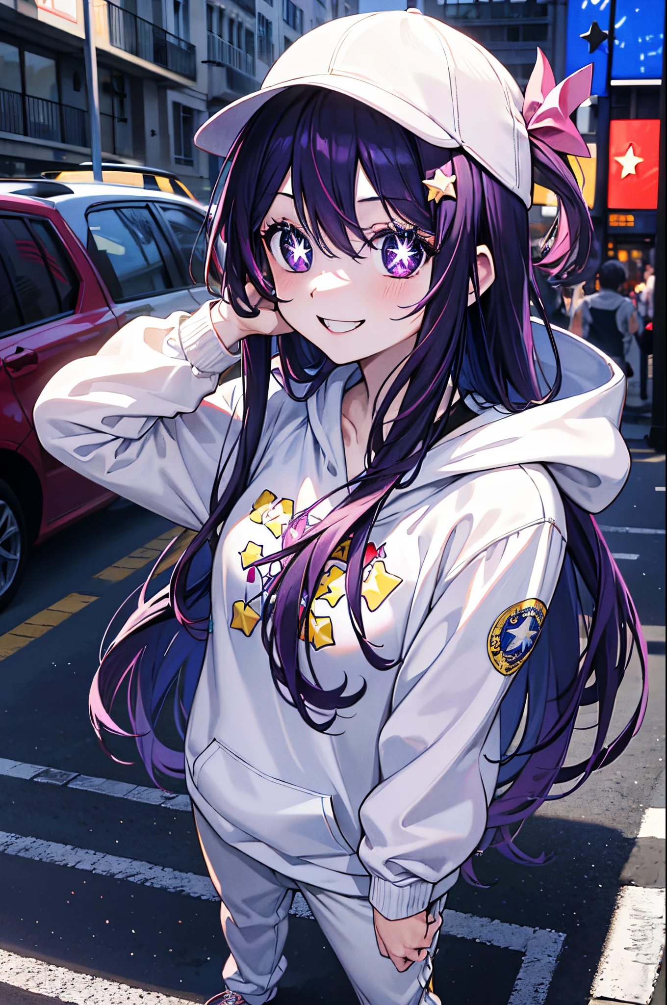 (masterpiece), best quality, expressive eyes, perfect face, highres, (8k), (perfect face), (ultra details), 1 girl, solo, ai hoshino, hair between eyes, long hair, one side up, (purple eyes:1.1), purple hair, (star-shaped pupils:1.5), symbol-shaped pupils, baseball cap, hat, hood, hoodie, long sleeves, puffy sleeves, white hoodie, black pants, sneackers smile, street background, standing, portrait, looking at the viewer,
