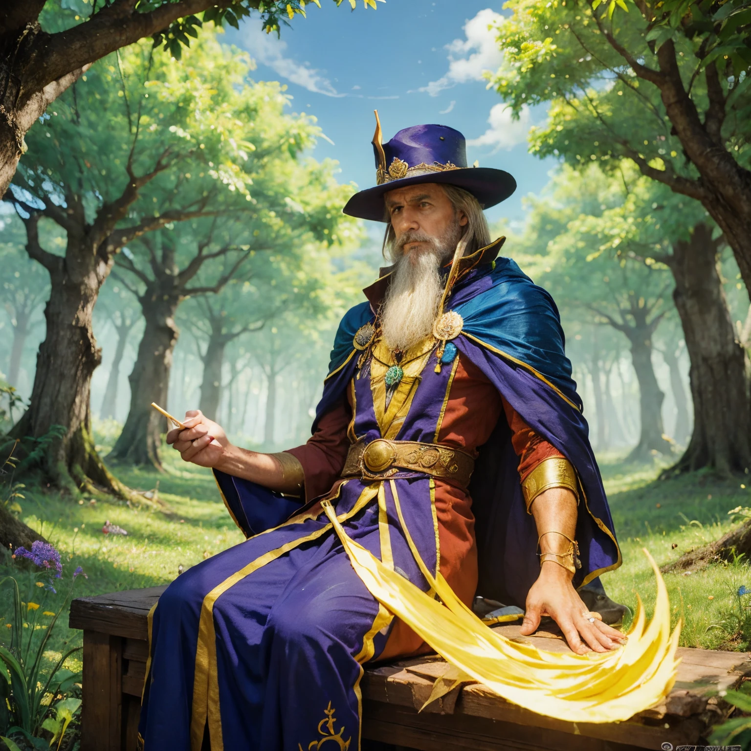 Mestre dos magos, em um bosque, cores frias, capuz de mago