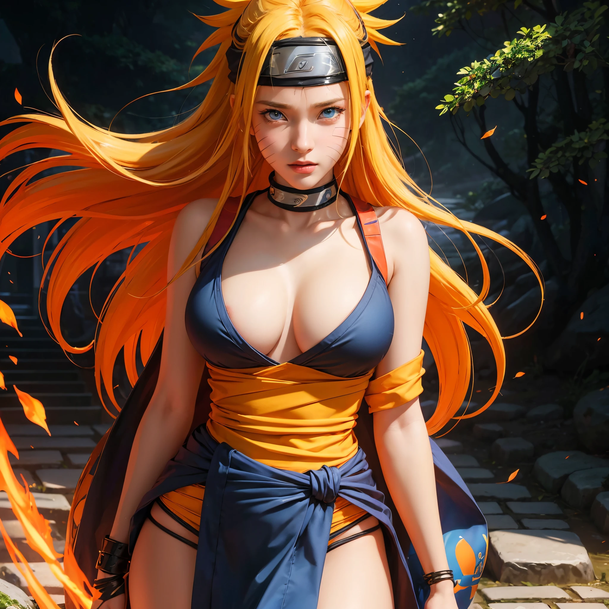 generate Naruto from naruto anime, best quality, masterpiece, 1girl, (solo:1.1), raytracing, ultra detailed, 8k wallpaper, wide hips, tsundere face, large breast, ninja headband. (long hair:1.1),yellow hair, ((blue eyes)), looking at viewer, collarbone, orange  strapless bra and kimono, cleavage, female, at hotspring. cat whiskers cheek, sit and spread legs, blue whirlwind on hand ((rasengan)), (masterpiece, best quality:1.2),(8k,highres,RAW photo,realistic,photo-realistic:1.3),(detailed skin texture,detailed cloth texture,beautiful detailed face:1.25),professional lighting,photon mapping,beautiful soft light,radiosity,physically-based rendering,model shoot style, model shoot style, (extremely detailed CG unity 8k wallpaper), full shot body photo of the most beautiful artwork in the world, complex 3d render ultra detailed, looking at viewer, 50 yo, milf, wet hair, real human skin, vibrant details, hyperrealistic, beautiful, octane render, 8k, best quality, masterpiece, an extremely delicate and beautiful, extremely detailed ,CG ,unity ,wallpaper, (realistic, photo-realistic:1.37),Amazing, finely detail, masterpiece,best quality,official art, extremely detailed CG unity 8k wallpaper ,extreme detailed eyes, (perfect face), shiny skin, colorful, highest detailed, vibrant colors, ultra high res, (high contrast), intricate, lens flare,