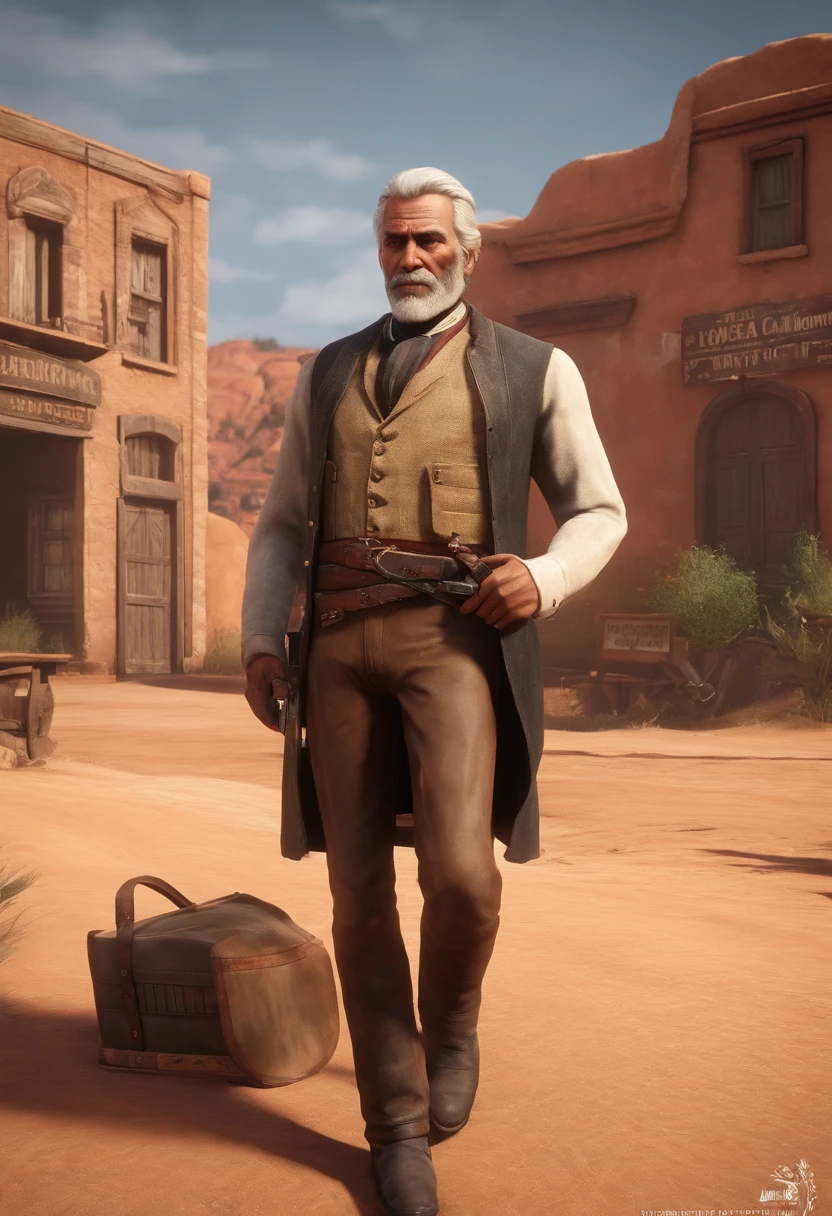 A photo of Hosea charming his way out of a parking ticket by using his good-natured humour and quick wit.,Red Dead Redemption II, Hosea is a lean, elderly man with neat, silver hair cut short and a clean-shaven face., male