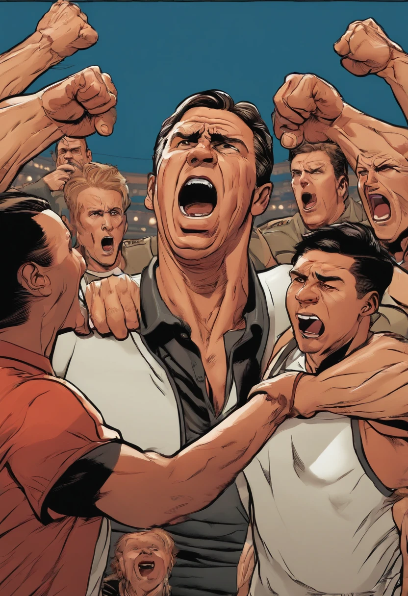 An image of the character angrily yelling at his kids, with veins popping out of his forehead.,original,50 year old while male that is a football coach and is visibly upset , male