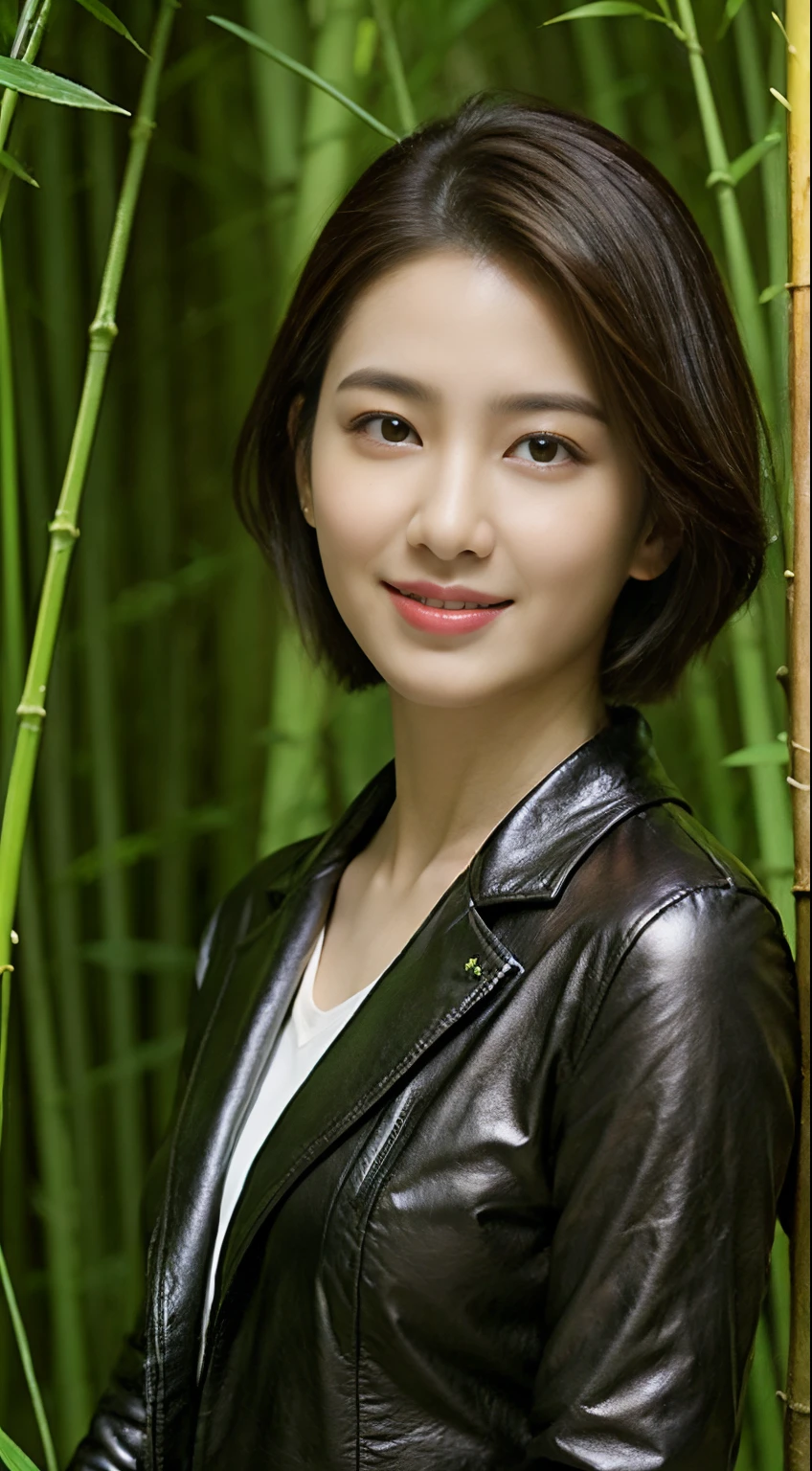 The highest image quality、超高分辨率、1 girlirl,short detailed hair、exquisite and beautiful face、Wearing a leather long-sleeved robot suit、bamboo forest background