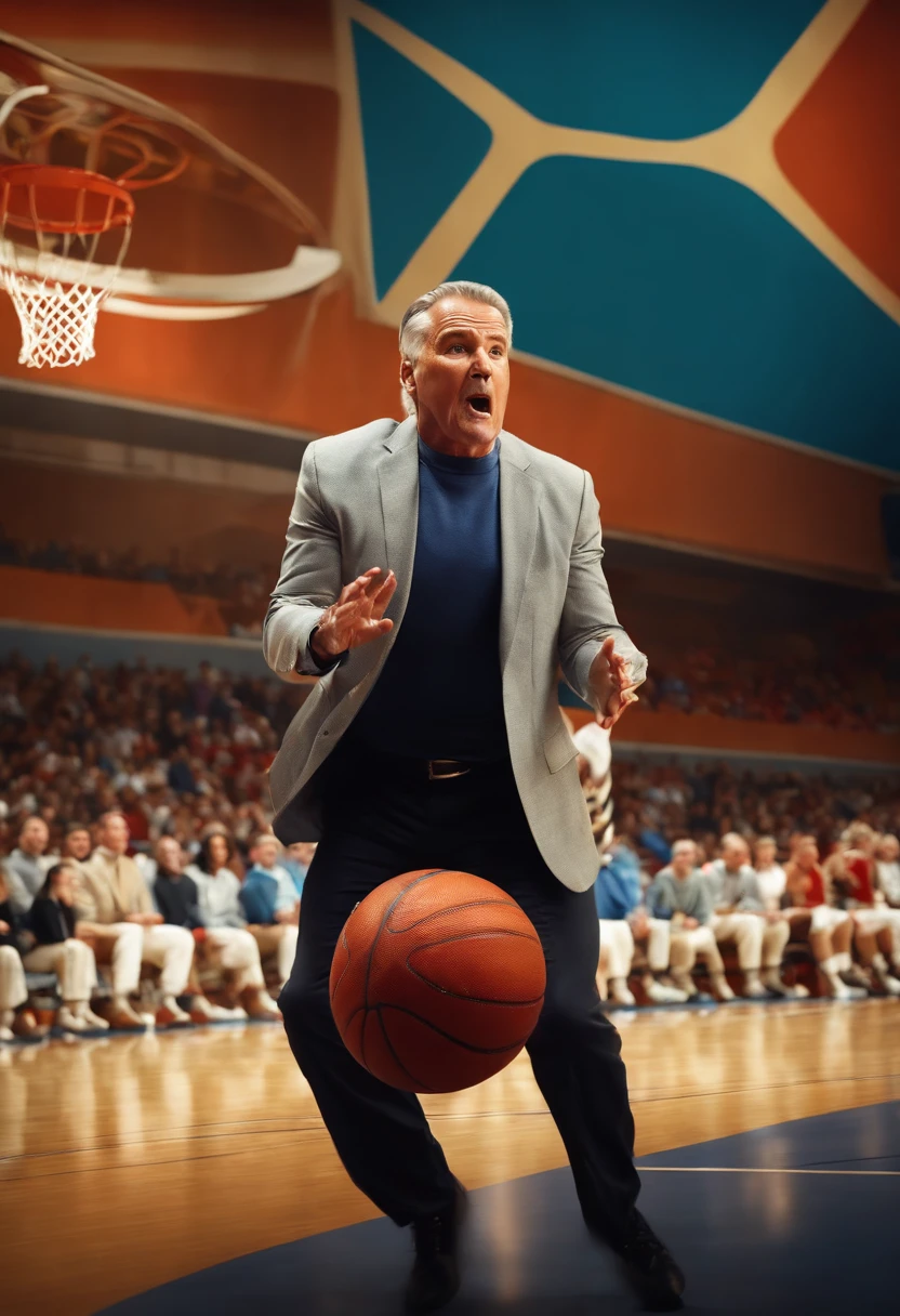 An image of the character angrily throwing a basketball across the court,original,50 year old while male that is a football coach and is visibly upset , male